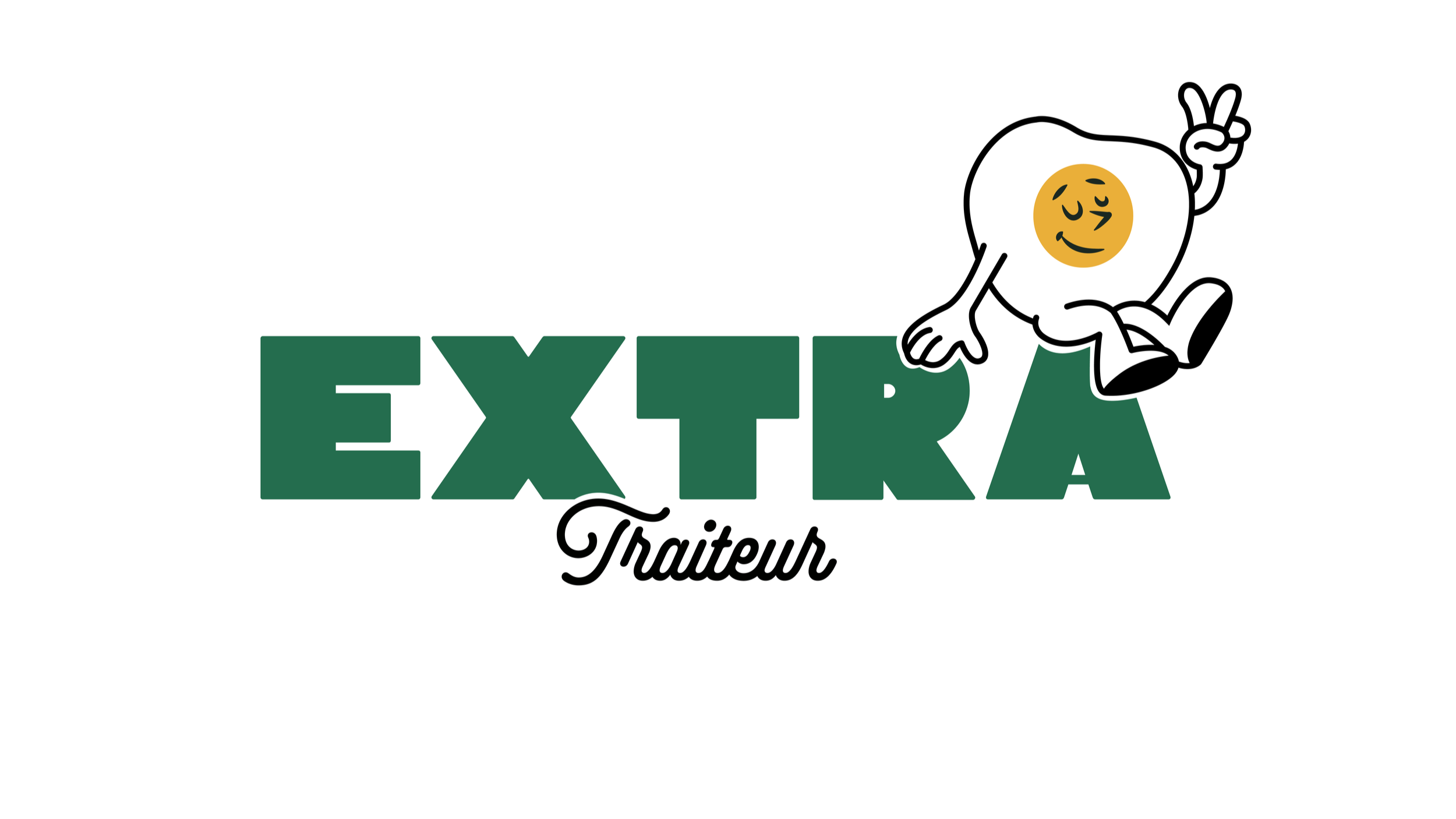 Logo de 'Extra Traiteur' avec un personnage de dessin animé souriant, faisant le signe de la paix, au-dessus du texte 'EXTRA' en vert et 'Traiteur' en noir cursif.