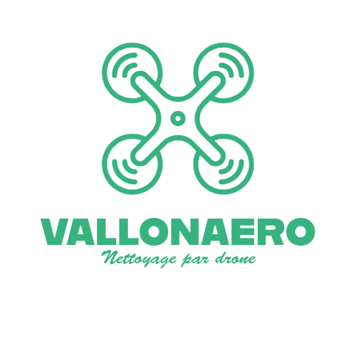 Logo d'une entreprise de nettoyage de drones avec un drone stylisé et le texte «VALLONAERO» et «Nettoyage par drône» en dessous.