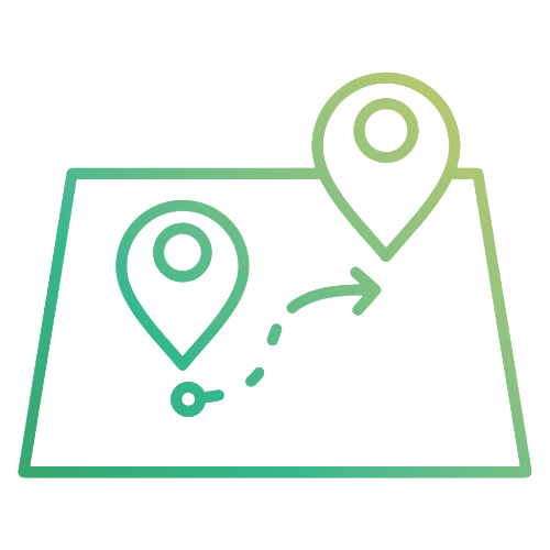 Icône représentant un parcours de localisation avec deux marqueurs et une flèche indiquant le déplacement d'un point à un autre.
