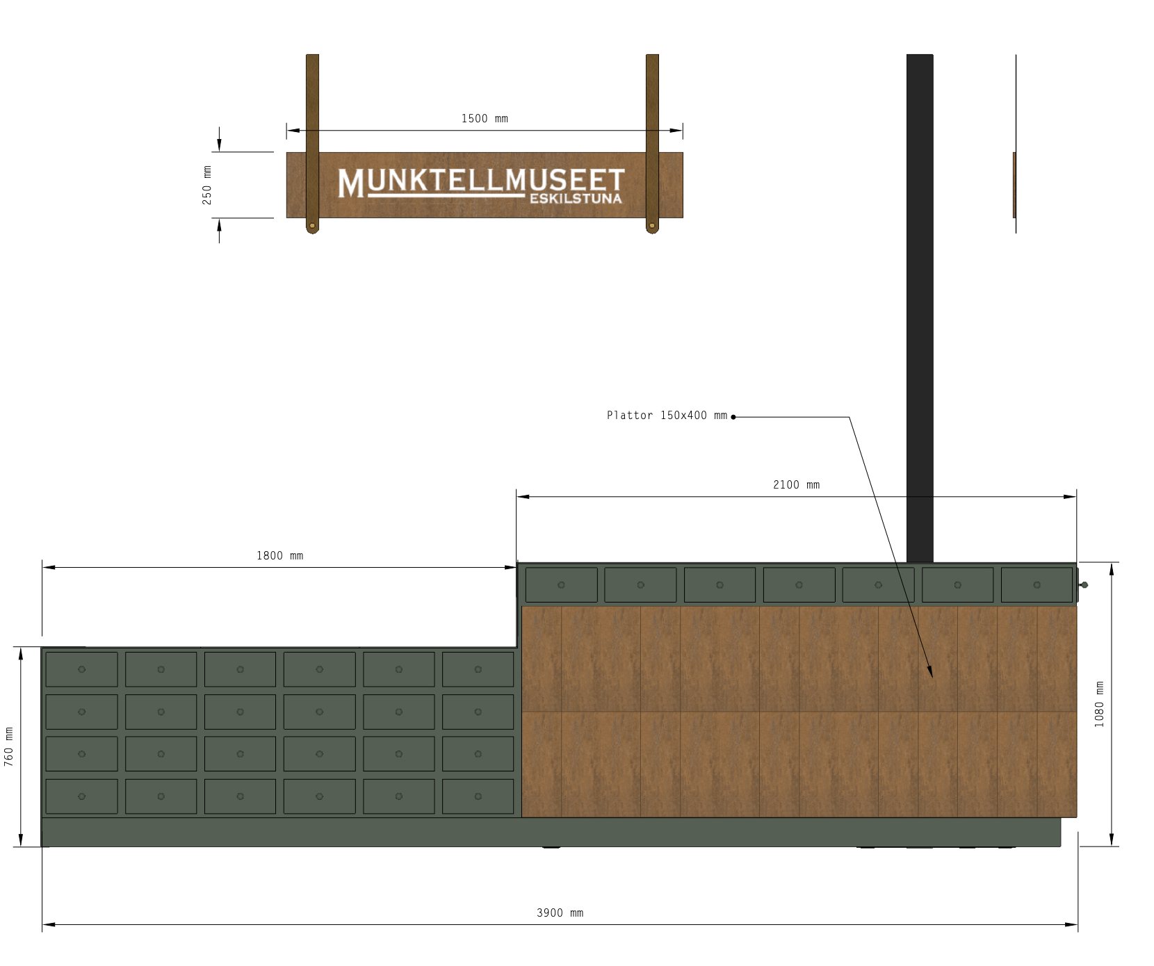 Architectural blueprint of a sign and counters for Munkellmuseet Eskilstuna, with measurements in millimeters, showing a wooden sign with the museum's name, and a detailed interior layout including cabinets and shelving.