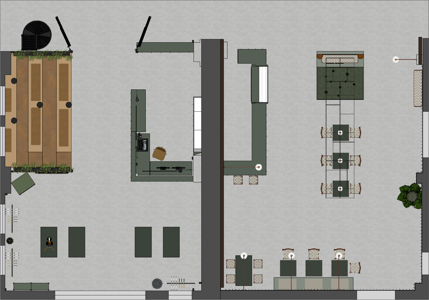 Top-down view of an indoor space divided into two main areas. The left side features a garden area, three picnic tables, and a gym with workout equipment. The right side displays a recreational area with a bocce ball court, a ping pong table, a foosball table, a seating area with a large table and chairs, and a playground with climbing structures and a sandbox. There are also potted plants and lighting fixtures.
