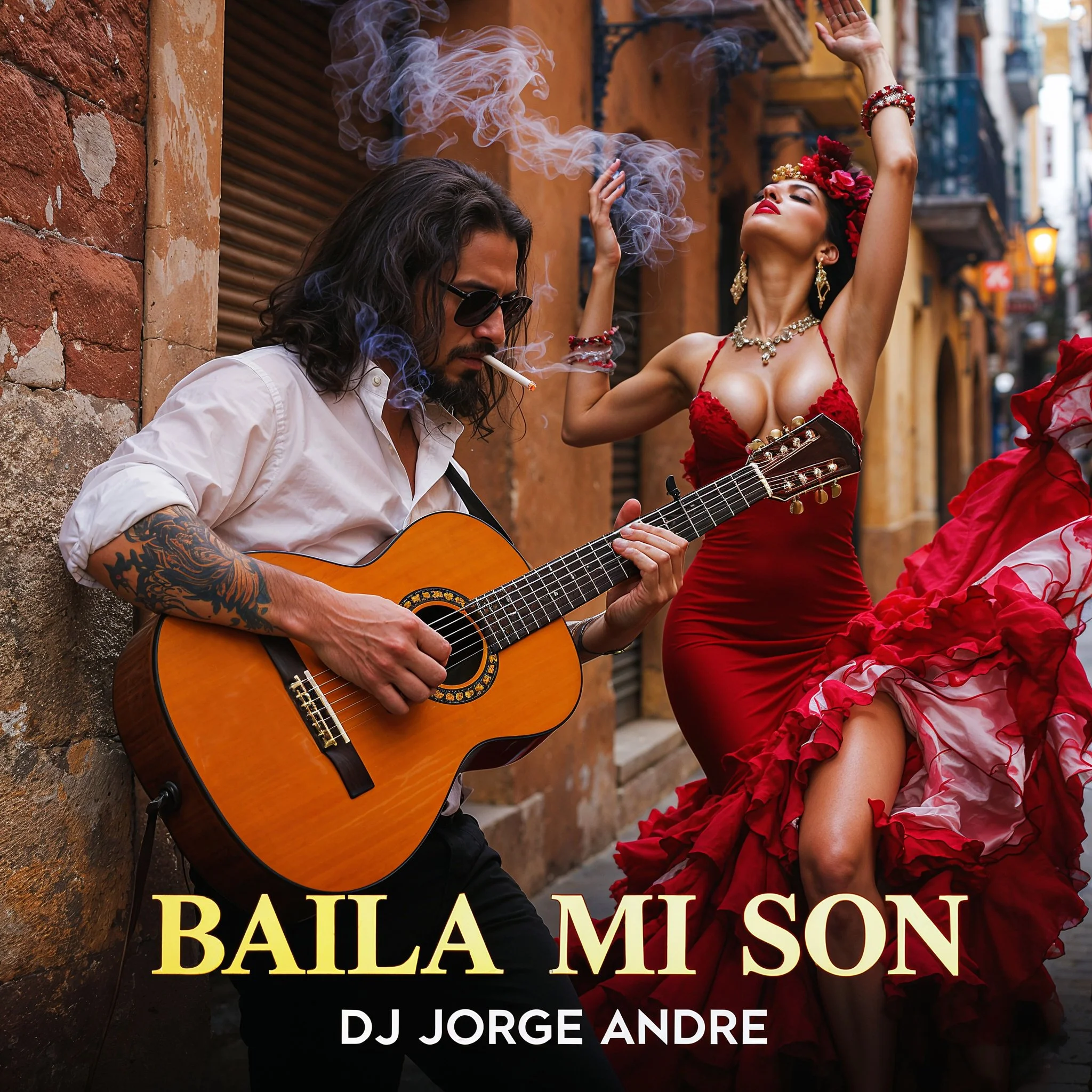 A man with long hair, tattoos, sunglasses, and a white shirt is playing an acoustic guitar while smoking a cigarette, with a woman in a red dress and floral headpiece dancing beside him on a narrow street.