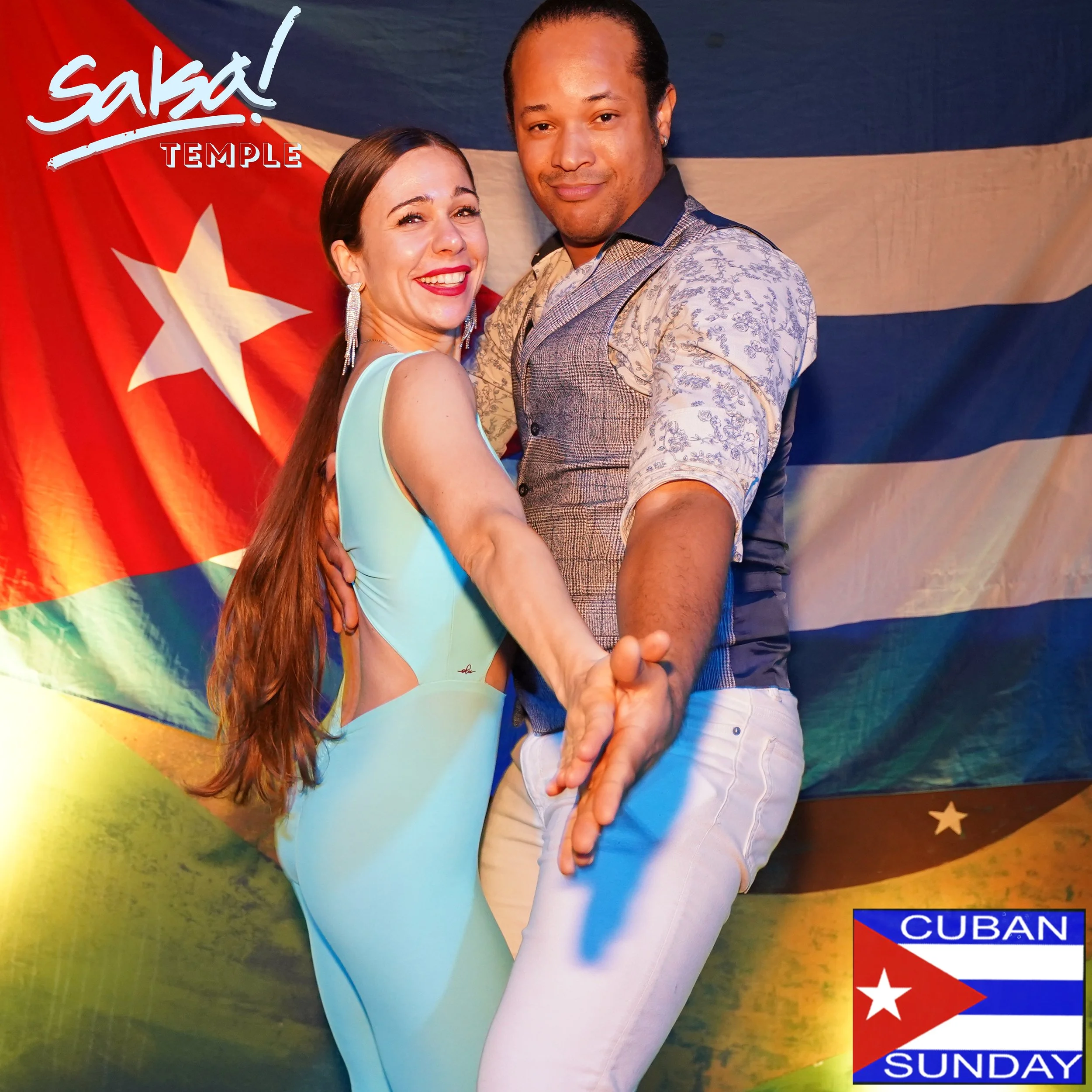 A smiling couple dancing in front of a Cuban flag with a red, white, and blue color scheme. The woman is wearing a light blue dress, and the man is dressed in a patterned shirt with rolled-up sleeves and white pants. The words 'Salsa! Temple' are wri