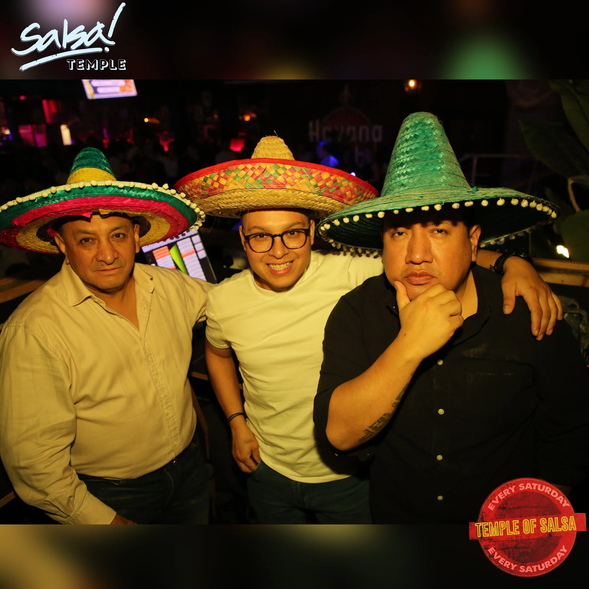 Three men wearing colorful sombreros at a salsa event, with a logo for Salsa! Temple in the top left corner and a red stamp in the bottom right corner that reads 'Temple of Salsa Every Saturday'.