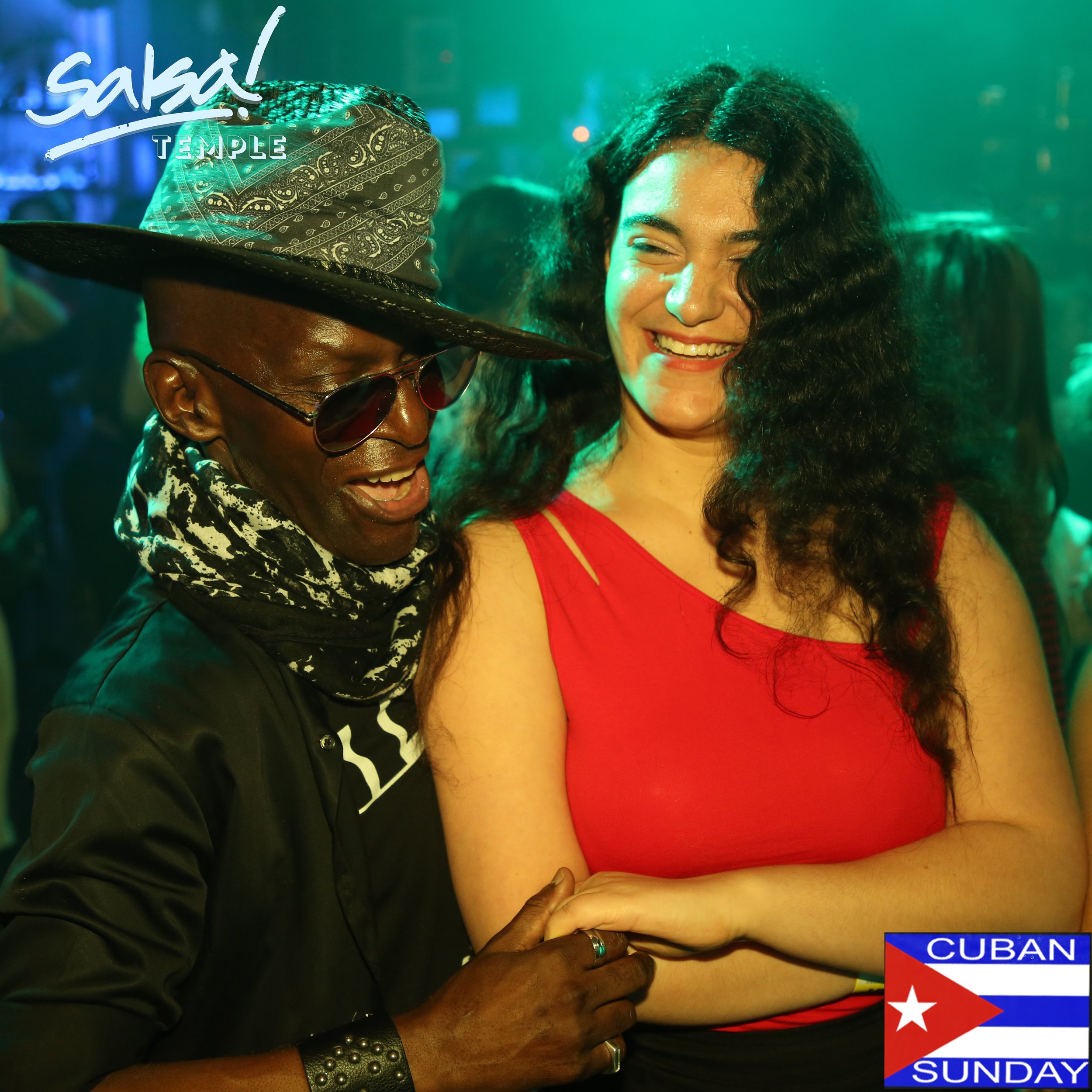 Two people smiling and dancing at a nightclub, with the text 'Salsa TEMPLE' in the top left corner and a Cuban flag with 'CUBAN SUNDAY' in the bottom right corner.