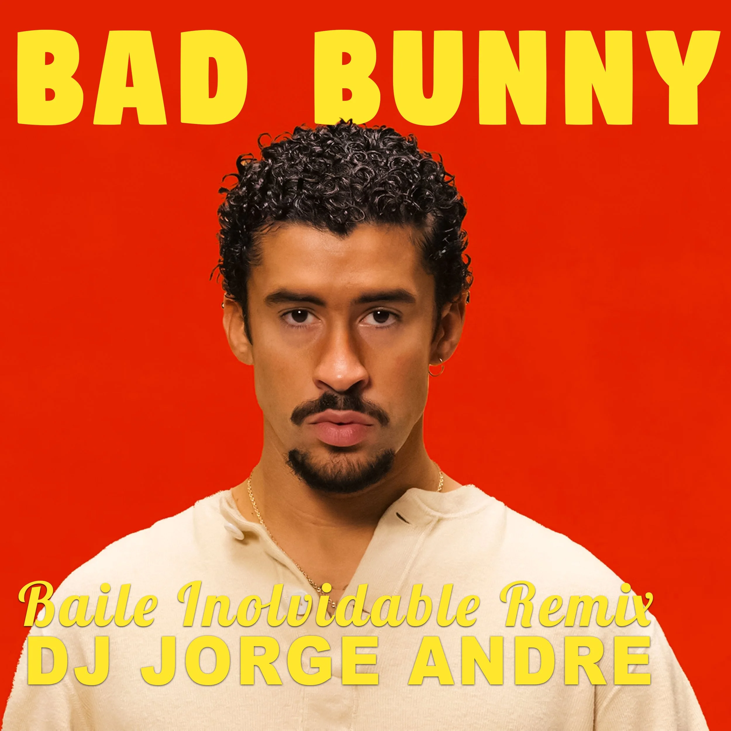 Album cover featuring a man with curly dark hair, a mustache, and a goatee, wearing a light-colored shirt against a red background. The text at the top reads 'BAD BUNNY' in large yellow letters. Additional text at the bottom reads 'Baile Inolvidable 