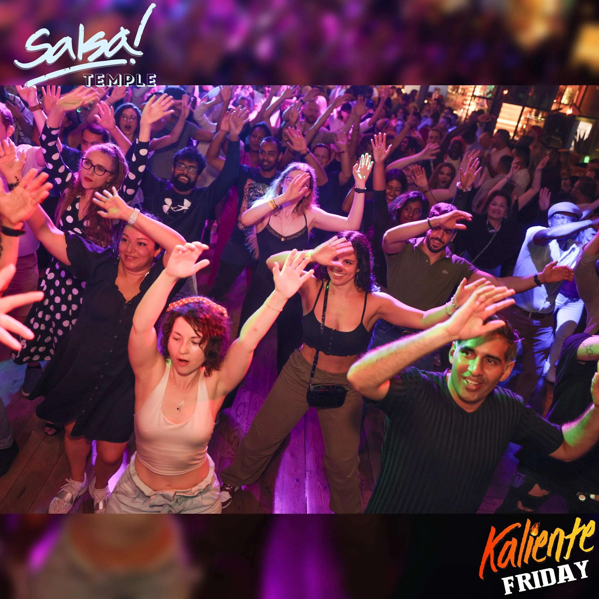 A group of people dancing and enjoying themselves at a lively party with colorful lighting, with 'Kaliote Friday' text in the bottom corner.