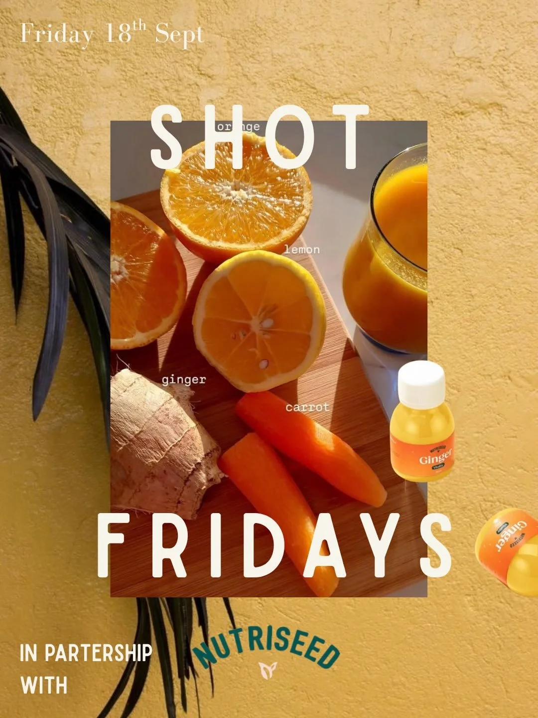 SHOT FRIDAYS ⬇️

This friday we&rsquo;re teaming up with Nutriseed to give you a free Ginger + Turmeric shot after class.

A little something for when you&rsquo;re feeling sluggish, run down or just in need of a bit of a reset. Ginger and turmeric ar