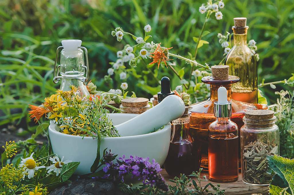 Différents bocaux et flacons en verre contenant des huiles essentielles ou des huiles végétales, entourés de fleurs sauvages et d'herbes, dans un environnement naturel.