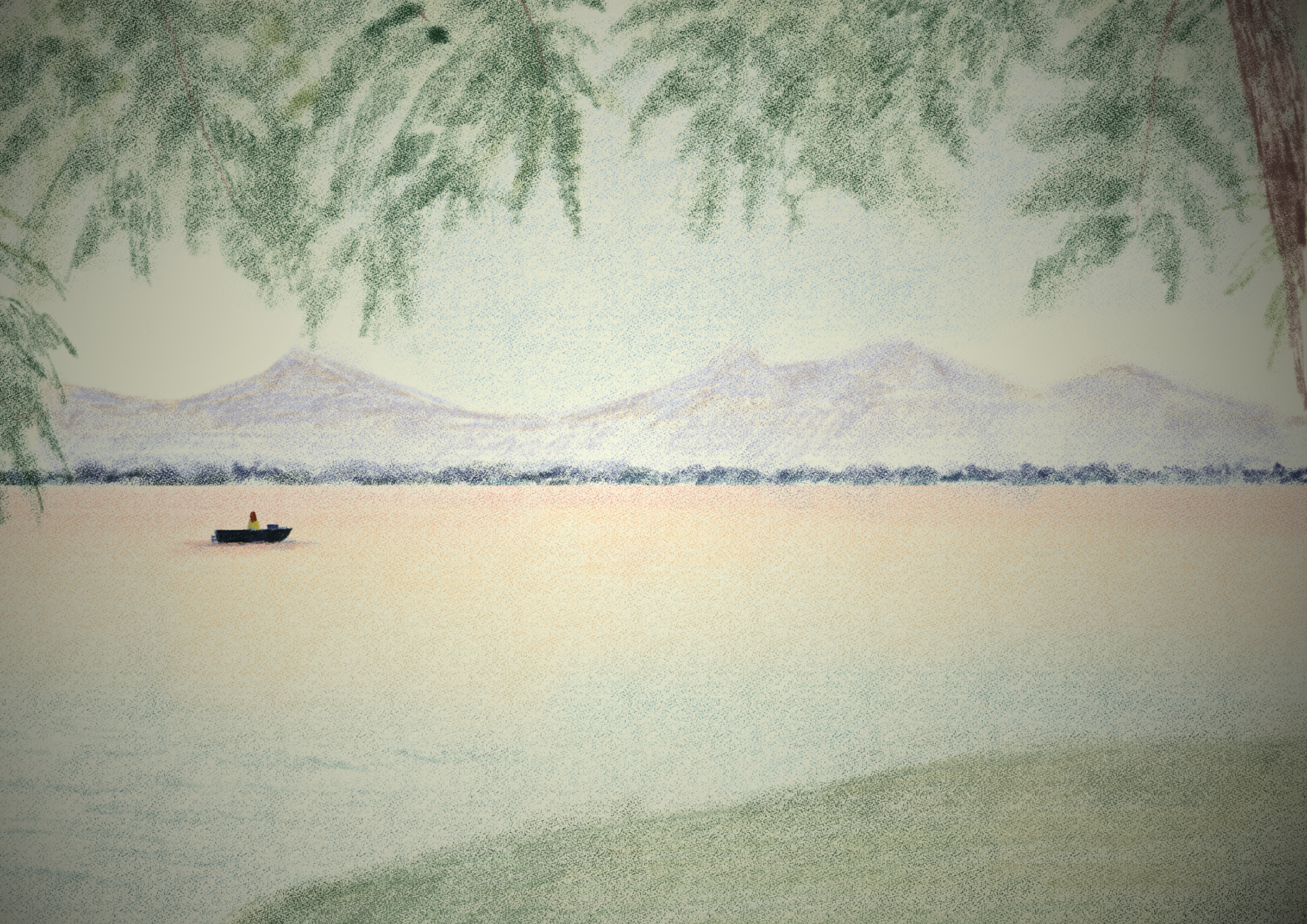 A peaceful scene of a boat on a calm lake with mountains in the background and trees in the foreground.