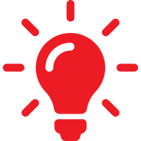 Red light bulb icon with rays emanating from it