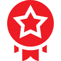 A red award ribbon with a black star in the center.