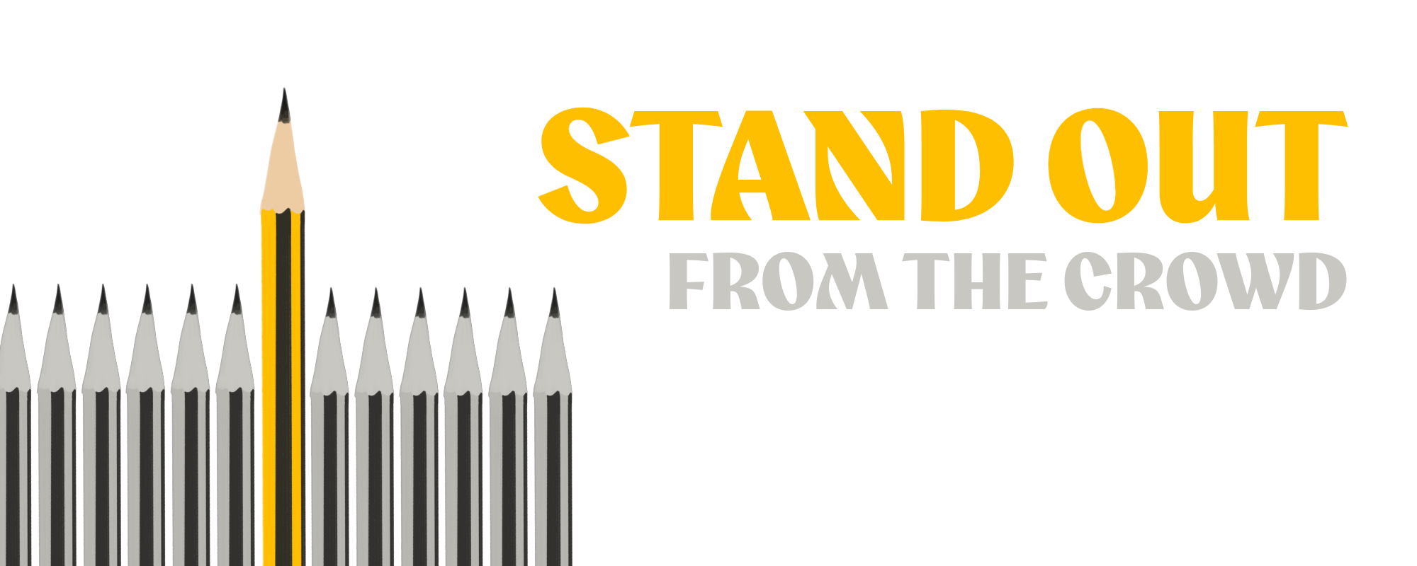 A group of sharpened gray pencils with one yellow pencil standing out among them.