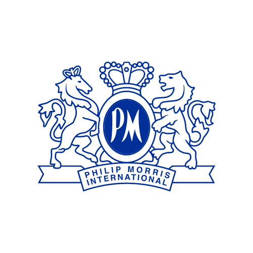 Logo of Philip Morris International featuring two lions, a crown, and an oval emblem with the letters P and M.