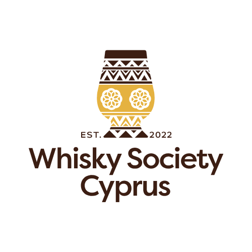 Logo of Whisky Society Cyprus featuring a stylized whiskey glass with decorative patterns and two flower-like designs inside, with the text 'EST. 2022 Whisky Society Cyprus' underneath.
