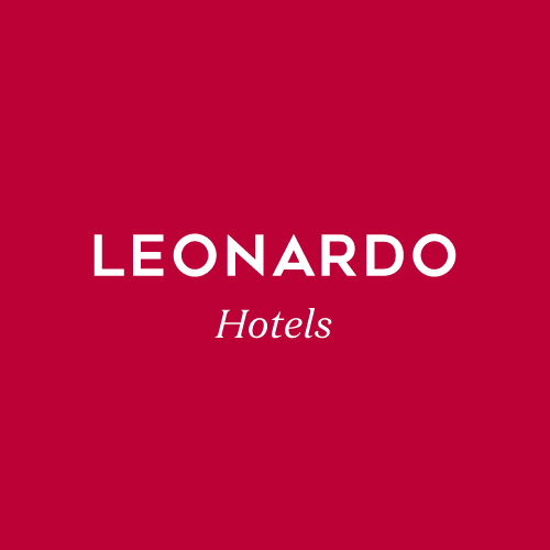 Red square with white text that reads "LEONARDO Hotels" in the center.