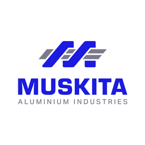 Muskita Aluminium Industries logo with stylized blue and gray geometric shapes above the company name in bold blue letters, and 'Aluminium Industries' in smaller gray text below.