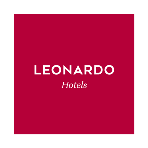 Red square with white text that reads "LEONARDO Hotels" in the center.