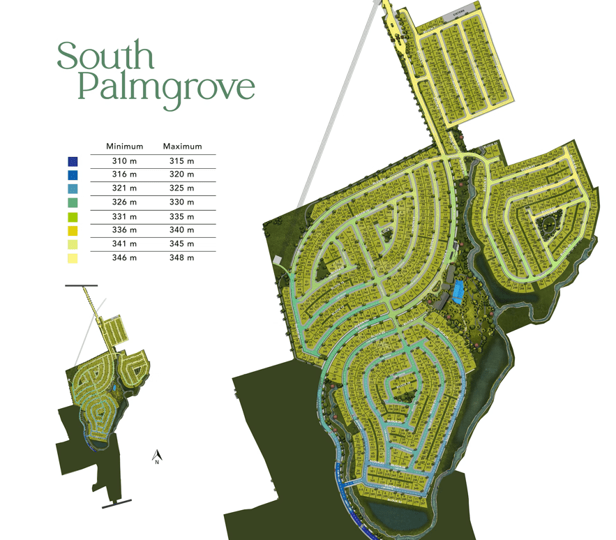 Map of South Palmgrove residential community, showing lots, roads, green spaces, and a pond, with a color-coded elevation key ranging from 310 meters to 348 meters.
