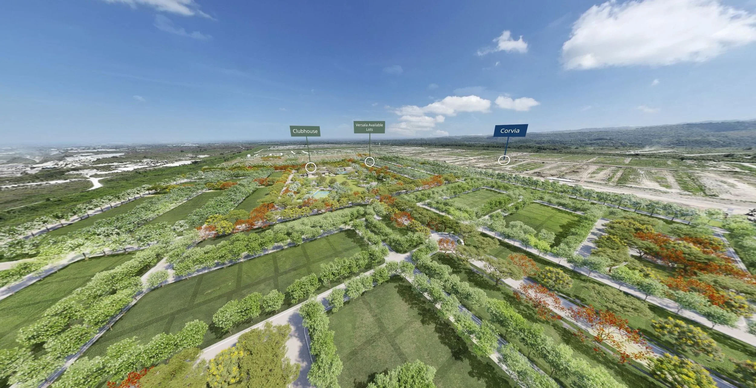 A digital rendering of a large community development with labeled areas including a clubhouse, available lots at Versa, and a nearby area called Corvia. The landscape features trees, green spaces, and planned roads, with a distant view of hills and open land under a blue sky with some clouds.