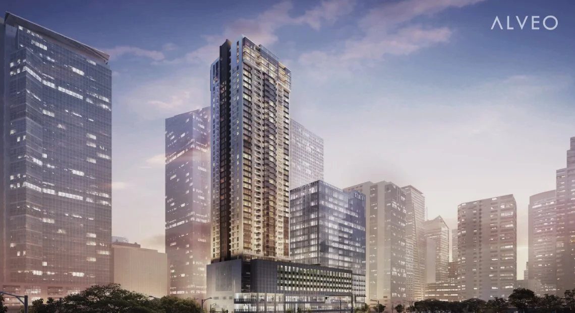 Modern cityscape with tall skyscrapers and office buildings during dusk or dawn.