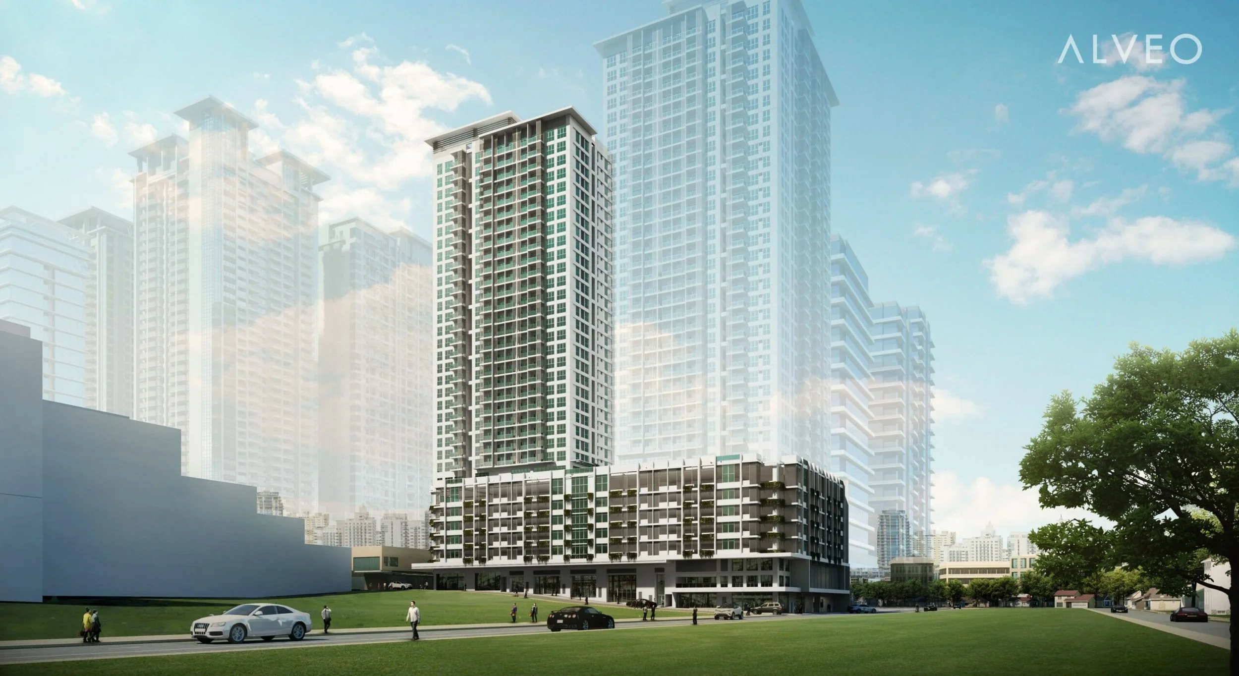 A digital rendering of a tall modern residential skyscraper with a base that includes retail or commercial spaces. The building is situated on a green lawn with people walking and cars parked nearby. Other high-rise buildings are visible in the background under a partly cloudy sky.