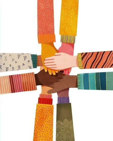 Drawing of diverse hands layered on top of each other, symbolizing unity and teamwork.