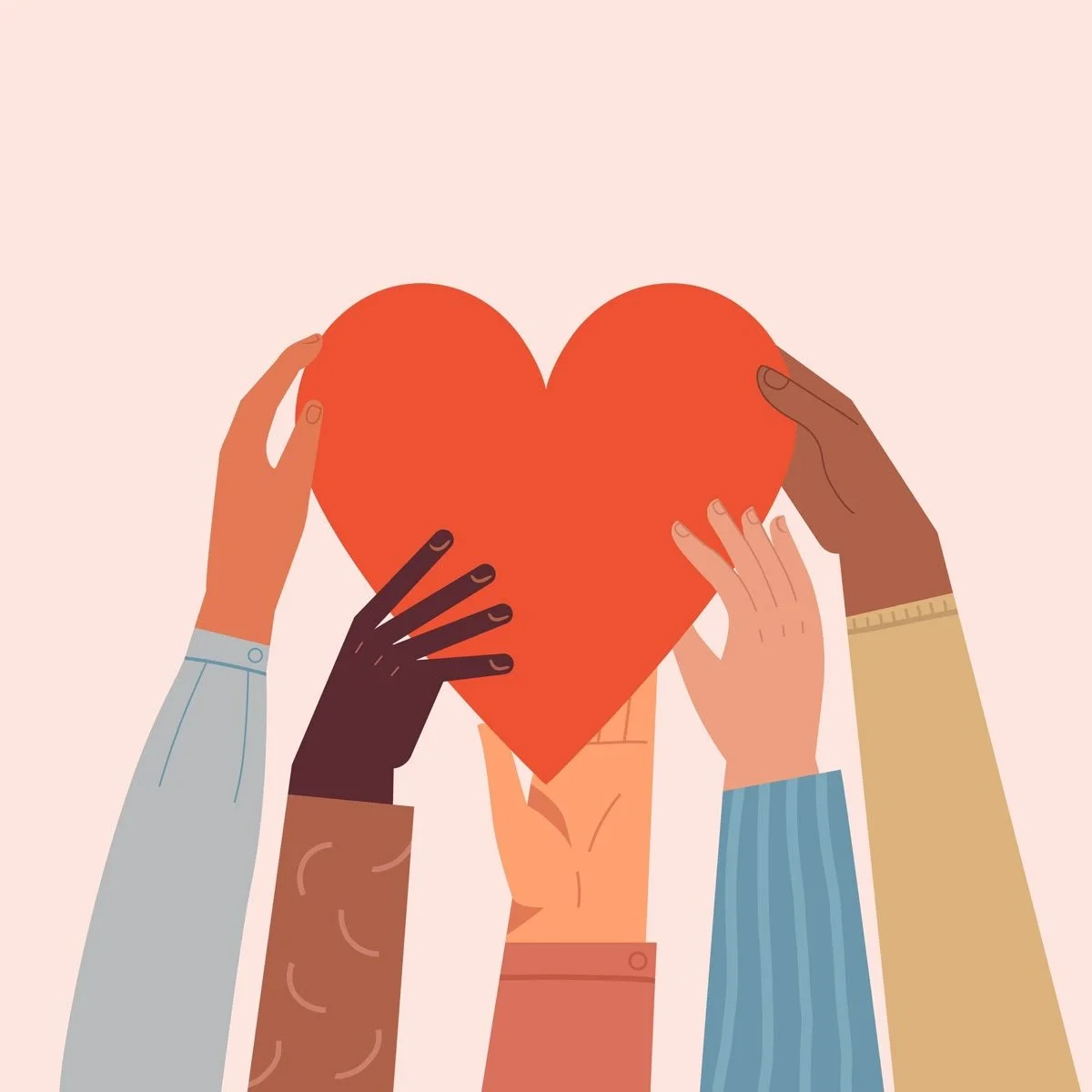 Multiple hands of different skin tones holding a large red heart together.
