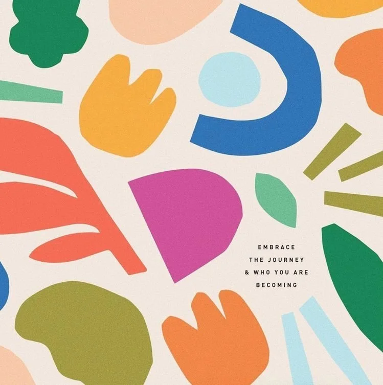 Colorful, wavy lines in pink, blue, green, orange, and yellow on a white background with the text 'BE HERE NOW' in black.