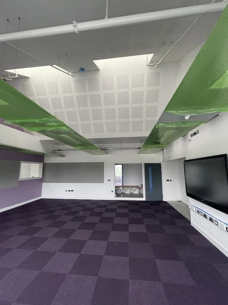 Empty conference or classroom room with purple checkered carpet, large wall-mounted TV, and green suspended acoustic panels on the ceiling.