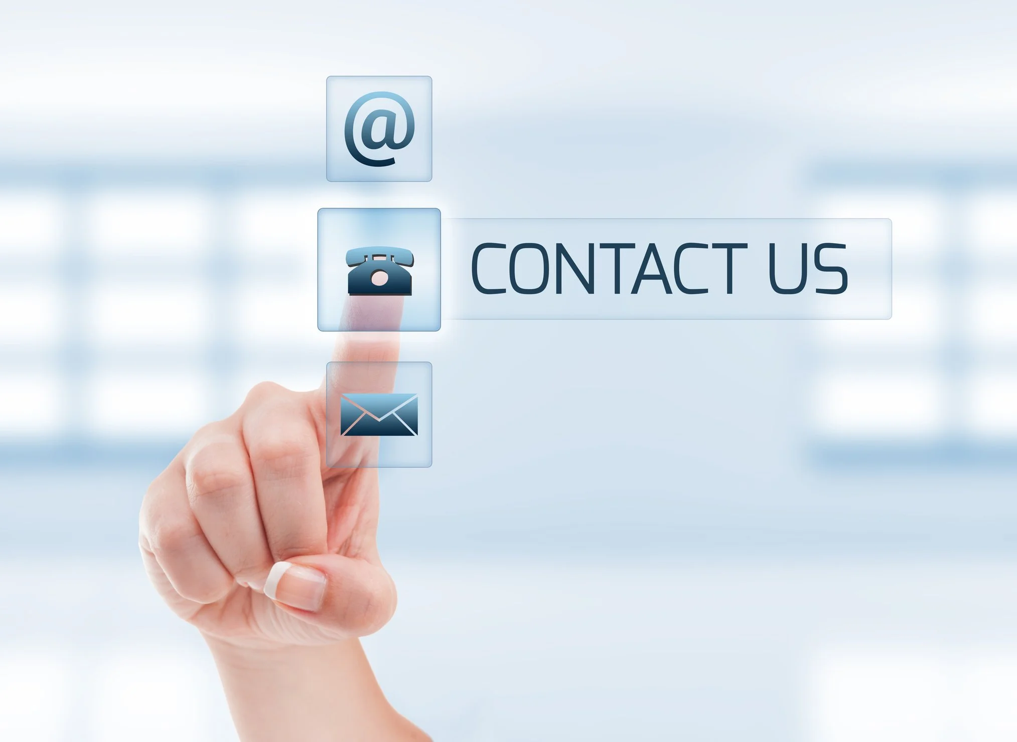 A digital illustration showing a person's finger touching a virtual interface with icons including an email, phone, and envelope, and text that reads 'CONTACT US'.
