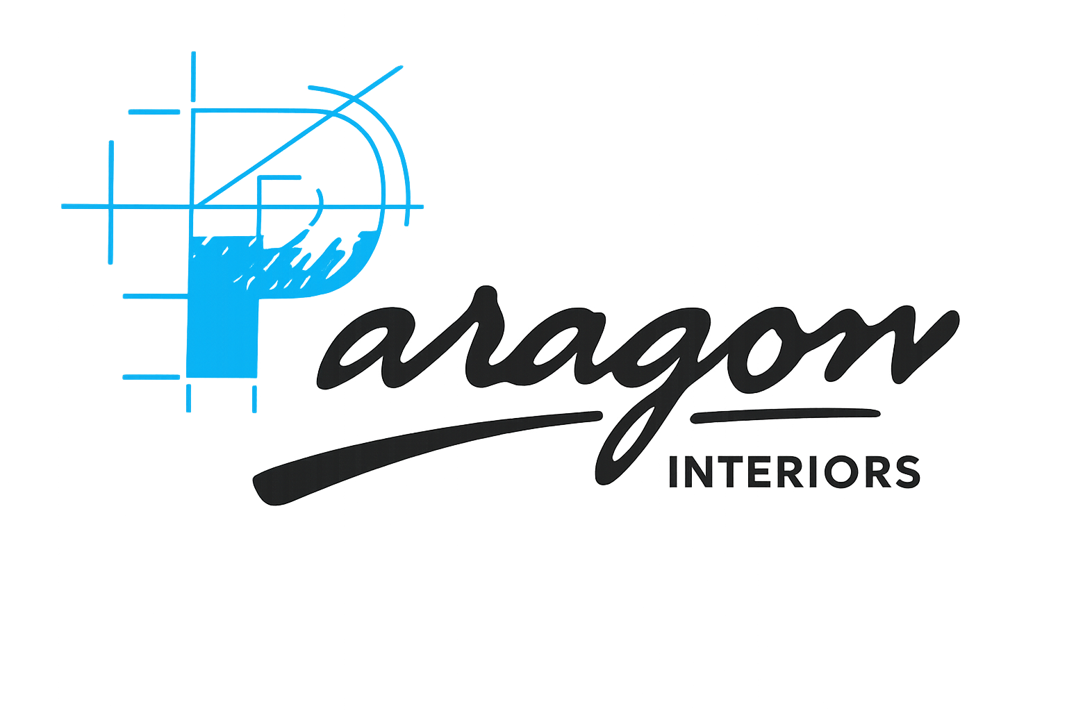 Neon sign for Aragon Interiors with a blue geometric logo on black background.