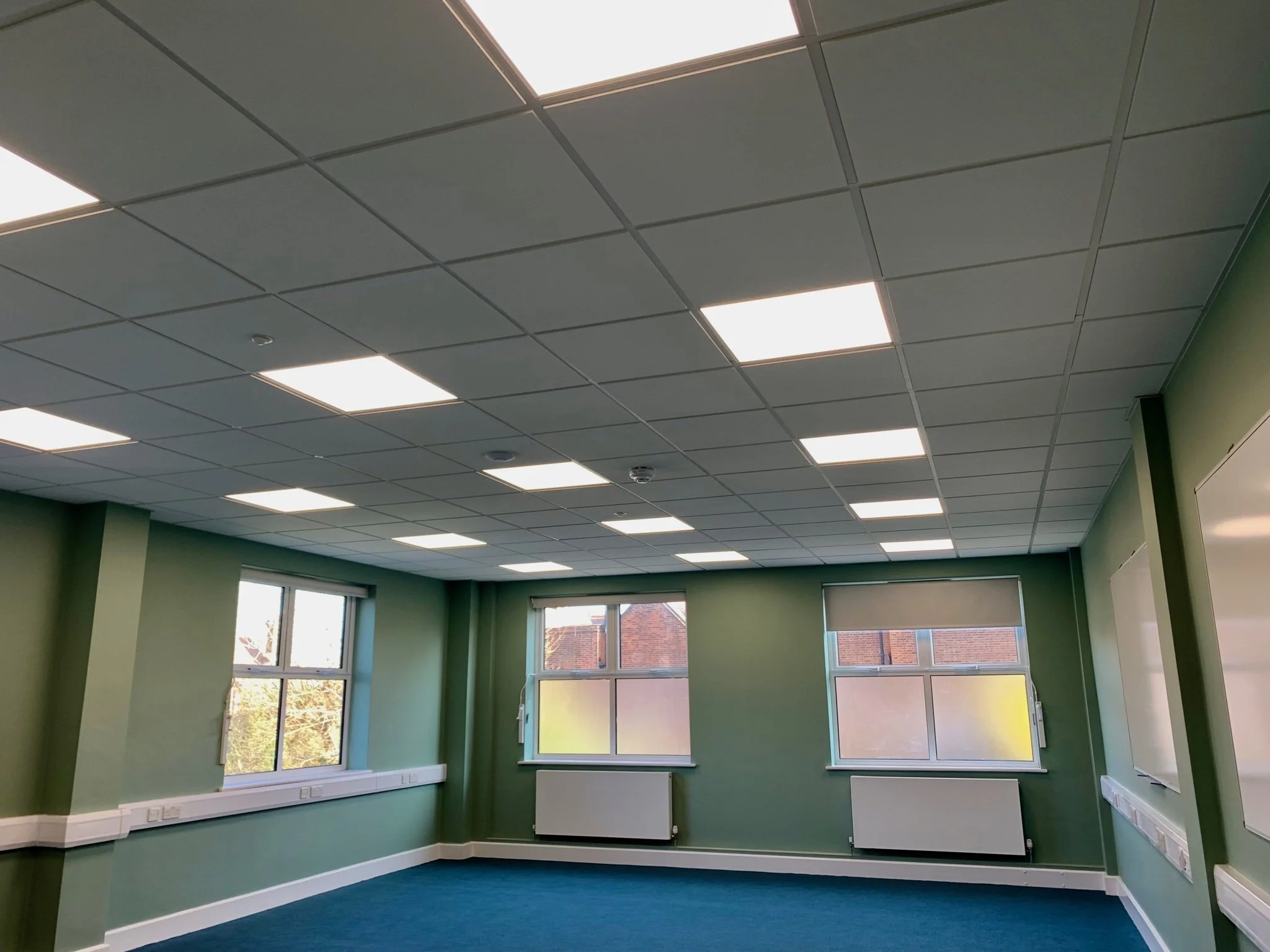 A room with green walls, large windows, and a suspended ceiling with rectangular fluorescent lights.