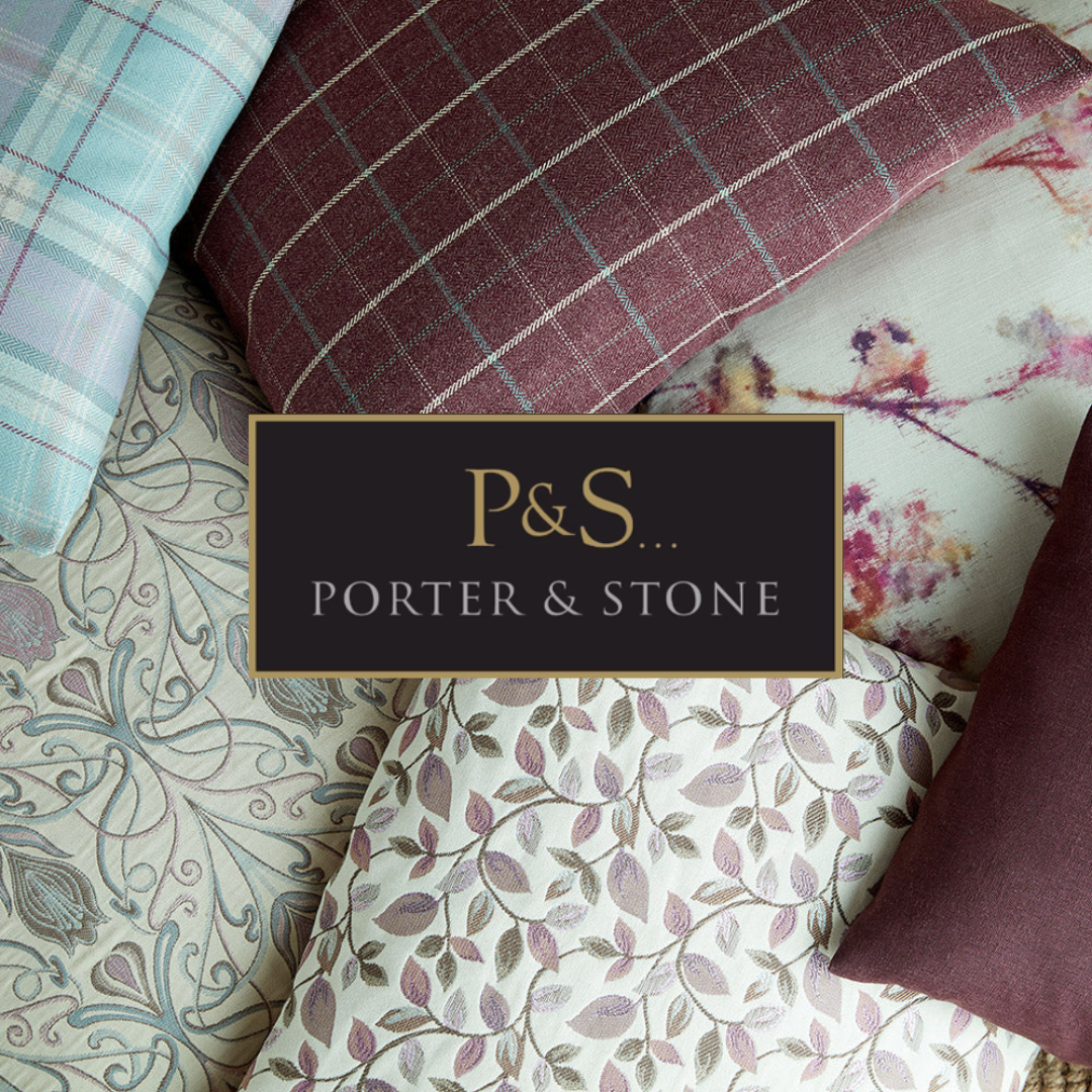 Close-up of various patterned fabric swatches with a black and gold logo labeled "P&S... PORTER & STONE" in the center.