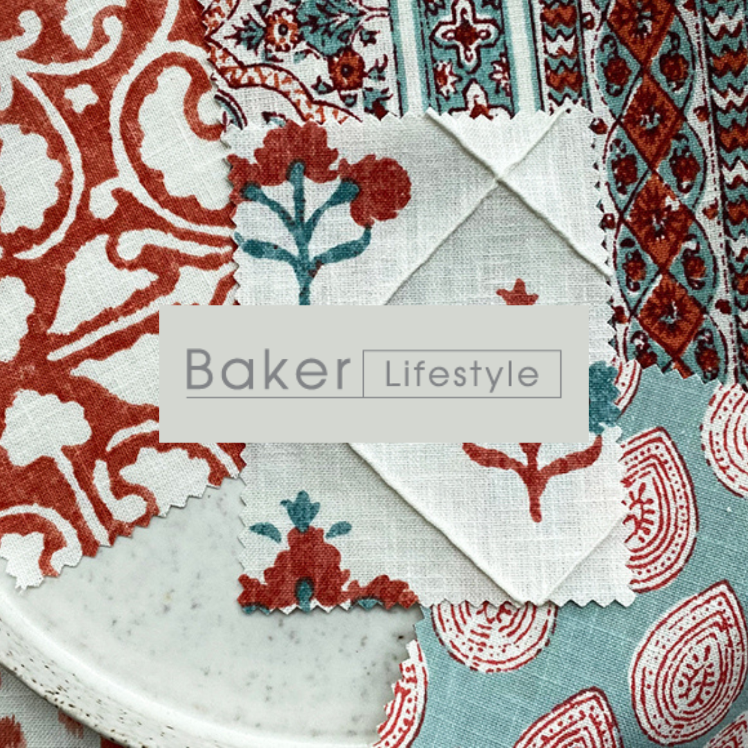 Close-up of colorful fabric patterns with a label reading 'Baker Lifestyle' in the center.