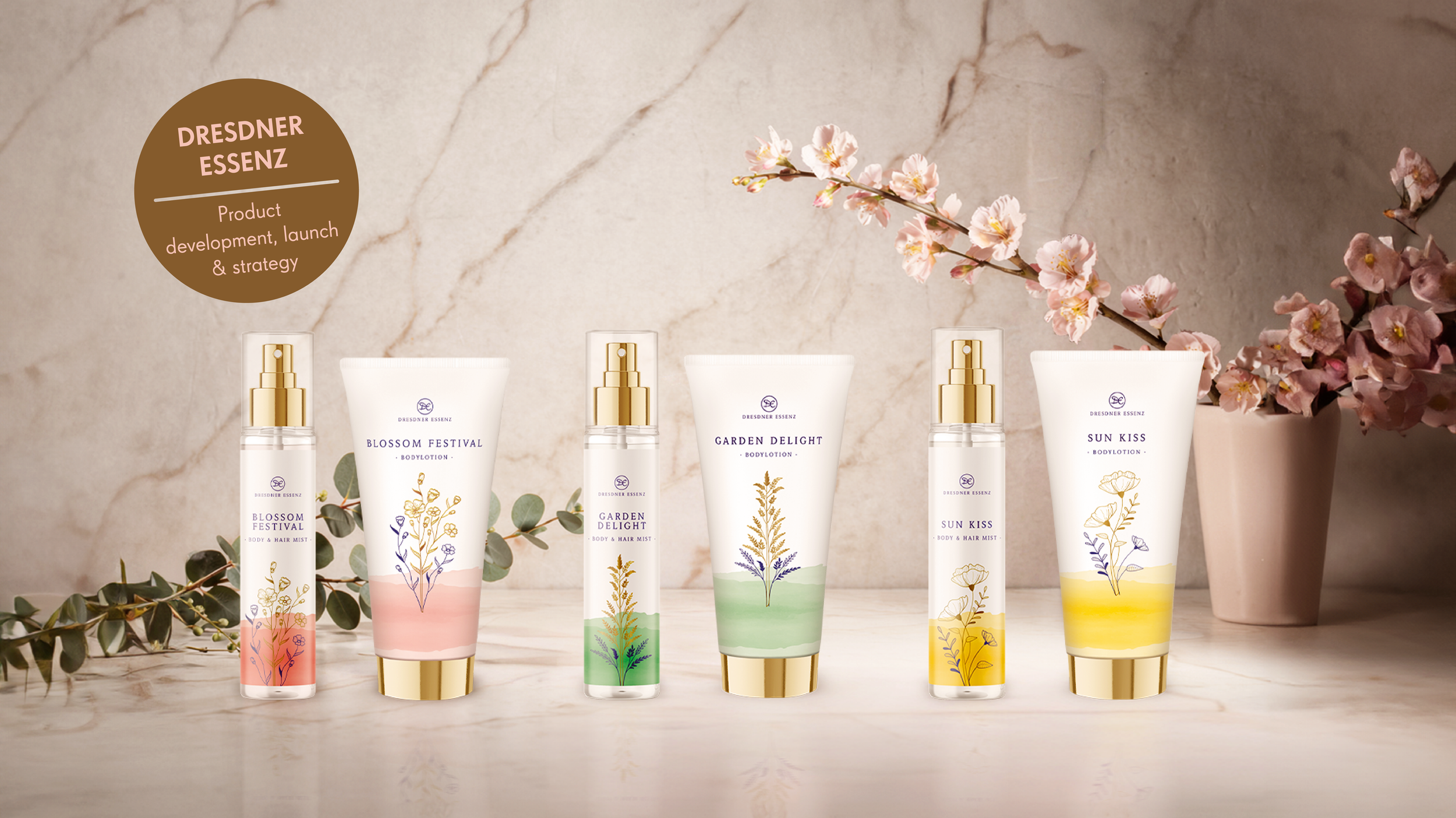 Pflegeprodukte von Dresdner Essenz mit Blumen- und Pflanzenmotiven, vor einer blühenden Pflanze auf einem weißen Marmor-Körbchen