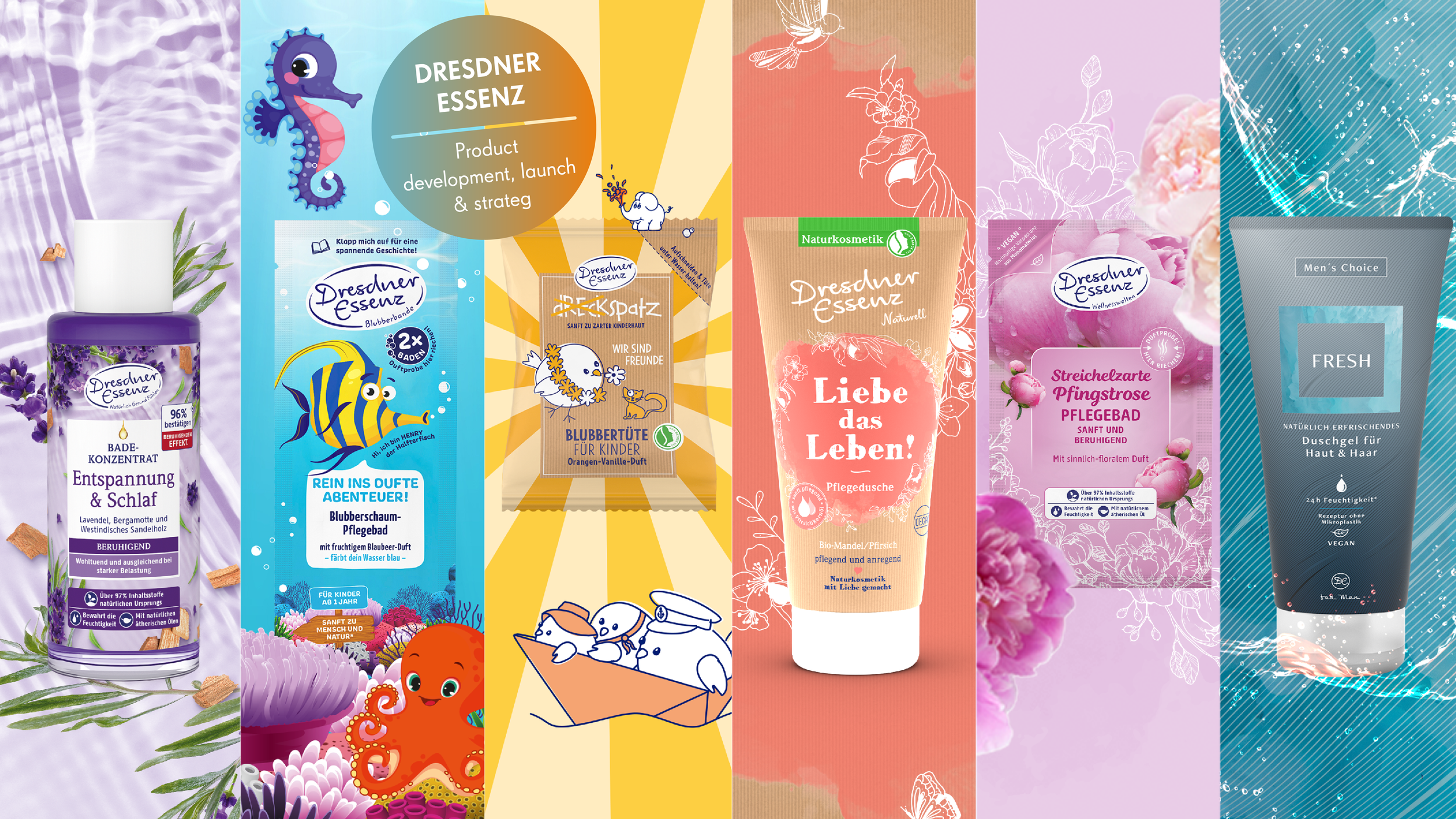 Verschiedene Pflegeprodukte und Badesalze mit Blumen- und Meeresmotiven, von der Marke Dresdner Essenz.