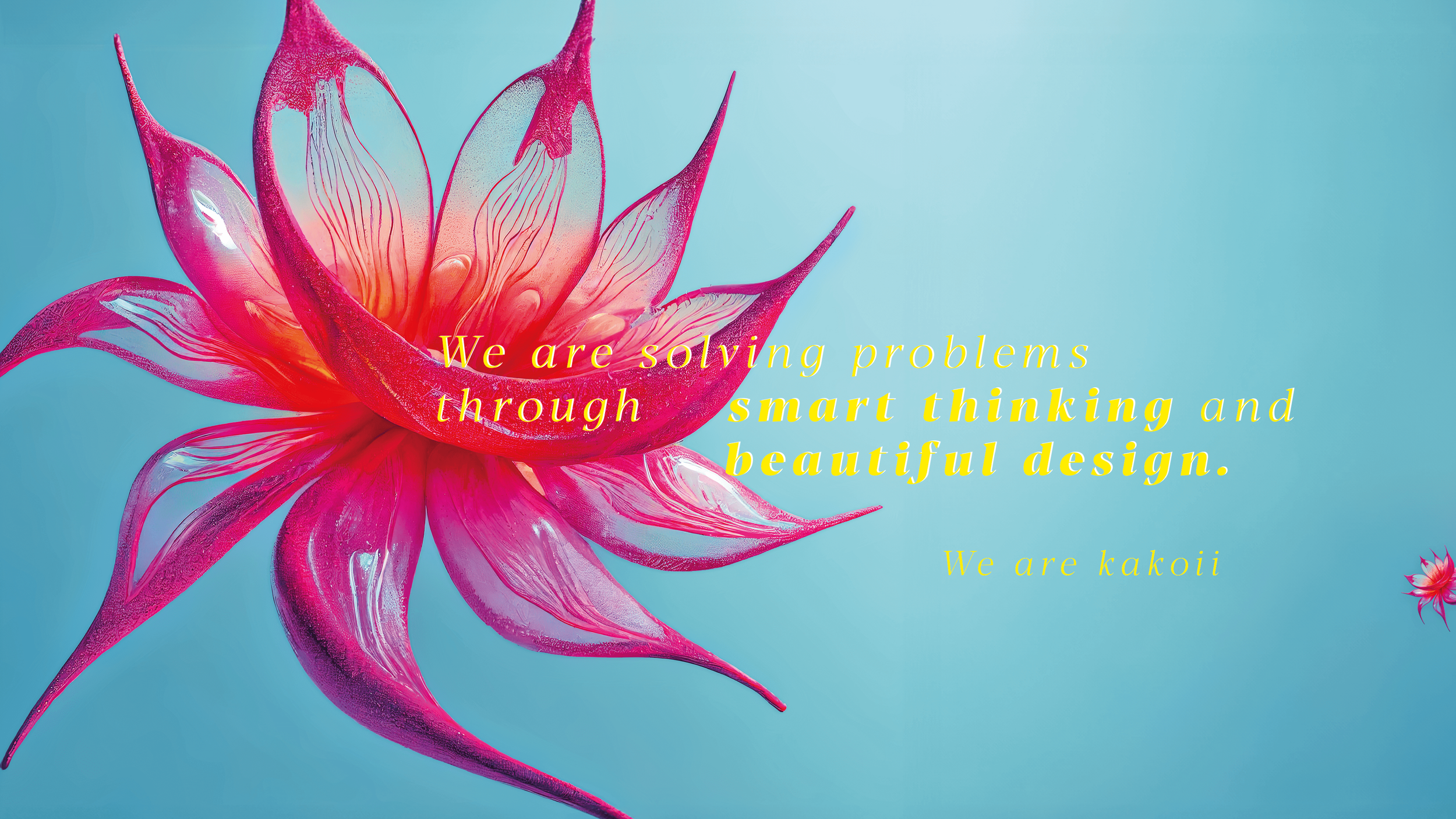 Nahaufnahme einer pinkfarbenen Blume auf hellblauem Hintergrund mit gelbem Text