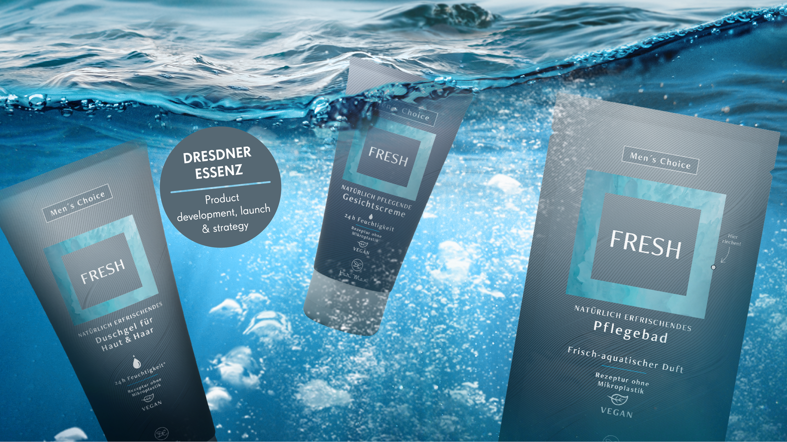 Drei Wasserpflegeprodukte von FRESH bei Wasserunfall, inklusive Duschgel, Gesichtspflegecreme und Pflegebad, alles vegan und ohne Mikroplastik, mit Frisch-aquatischem Duft.
