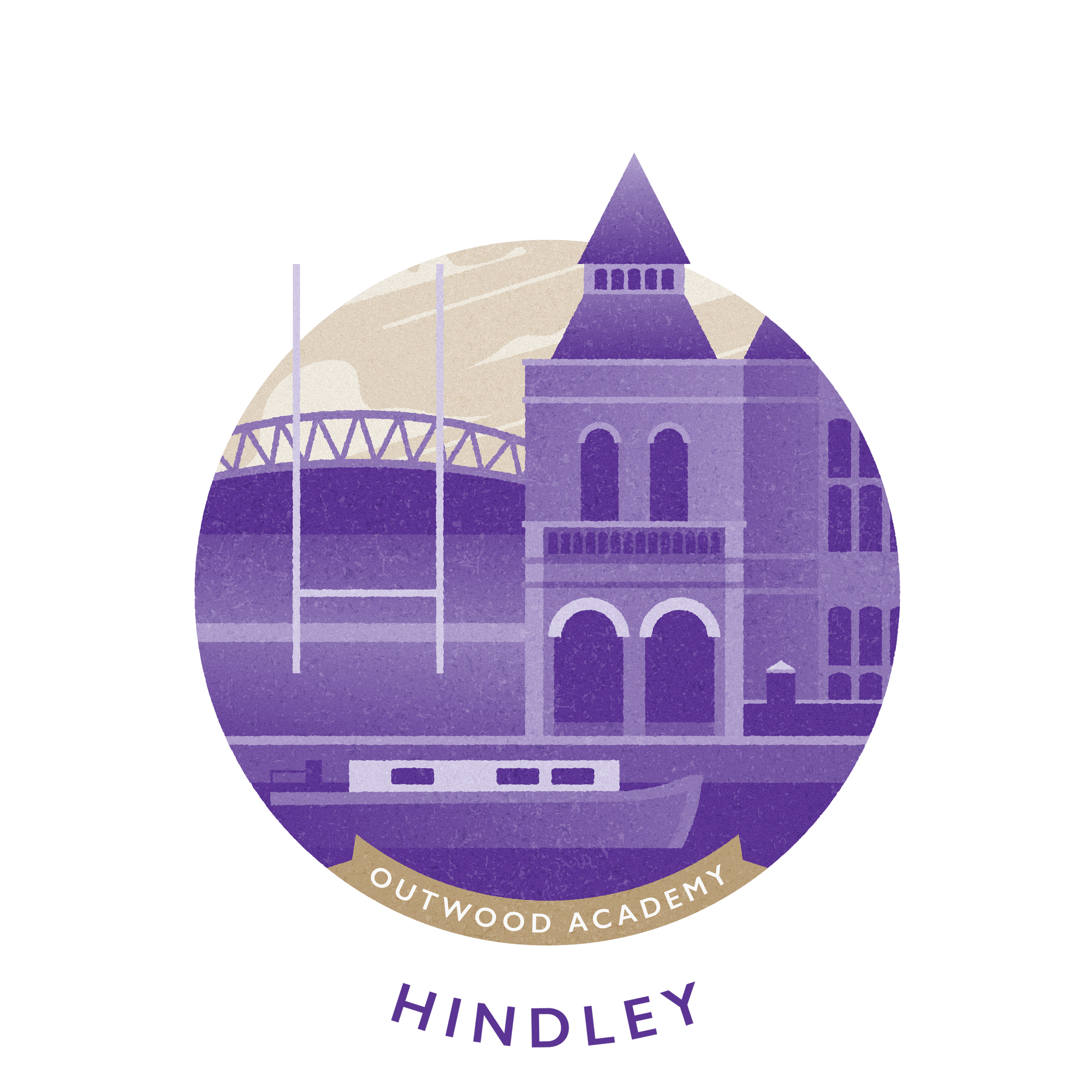 A circular logo for Outwood Academy Hindley featuring a purple building with arched windows and a tower, a bridge, and water, with the text 'Outwood Academy' around the bottom and 'Hindley' beneath.