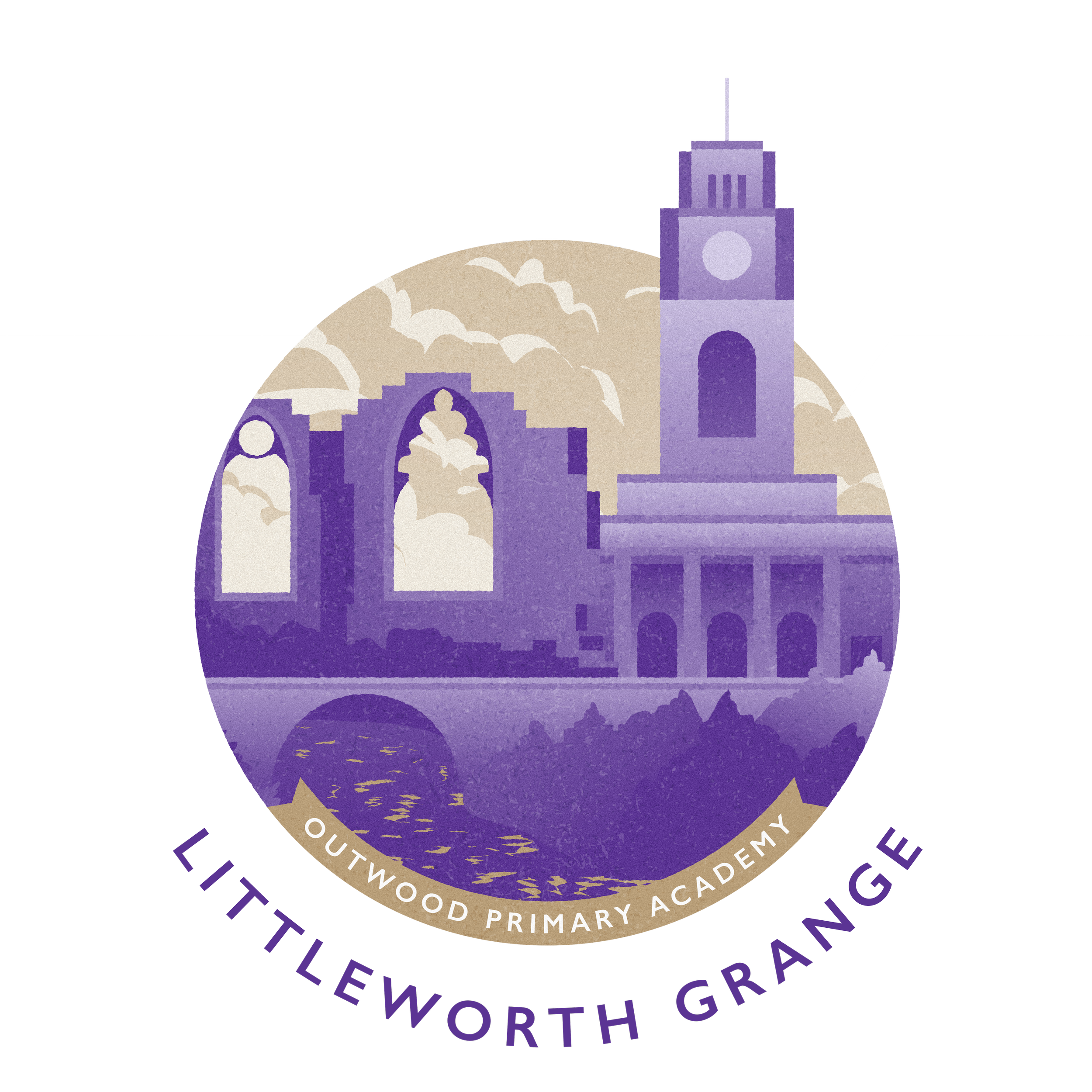 Illustration of a clock tower and building with a bridge and water in front, with clouds in the sky. Text reads 'Littleworth Grace' and 'Outwood Primary Academy'.