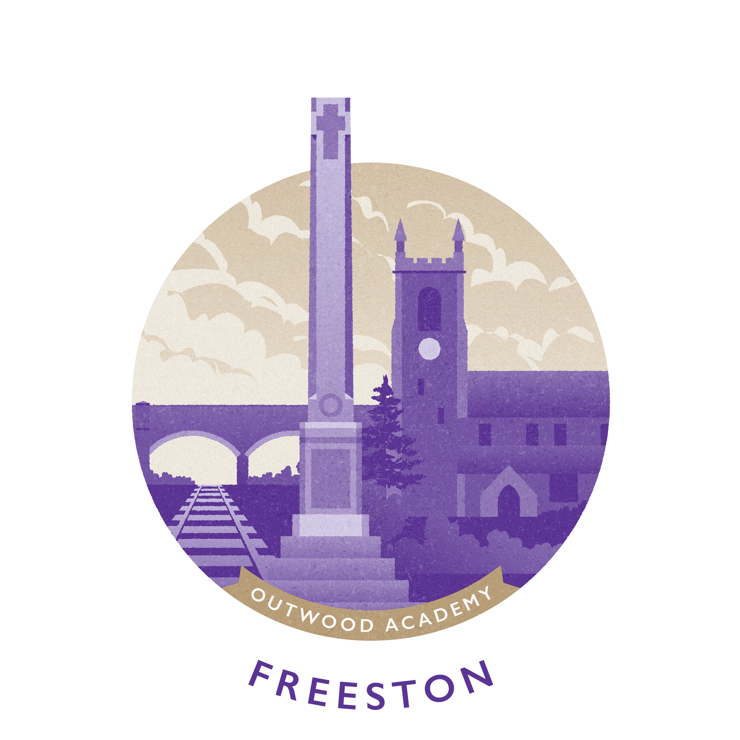 A circular badge featuring the Outwood Academy Freeston logo with a stylized castle tower, a clock tower, and a bridge in the background, all in purple and beige tones.