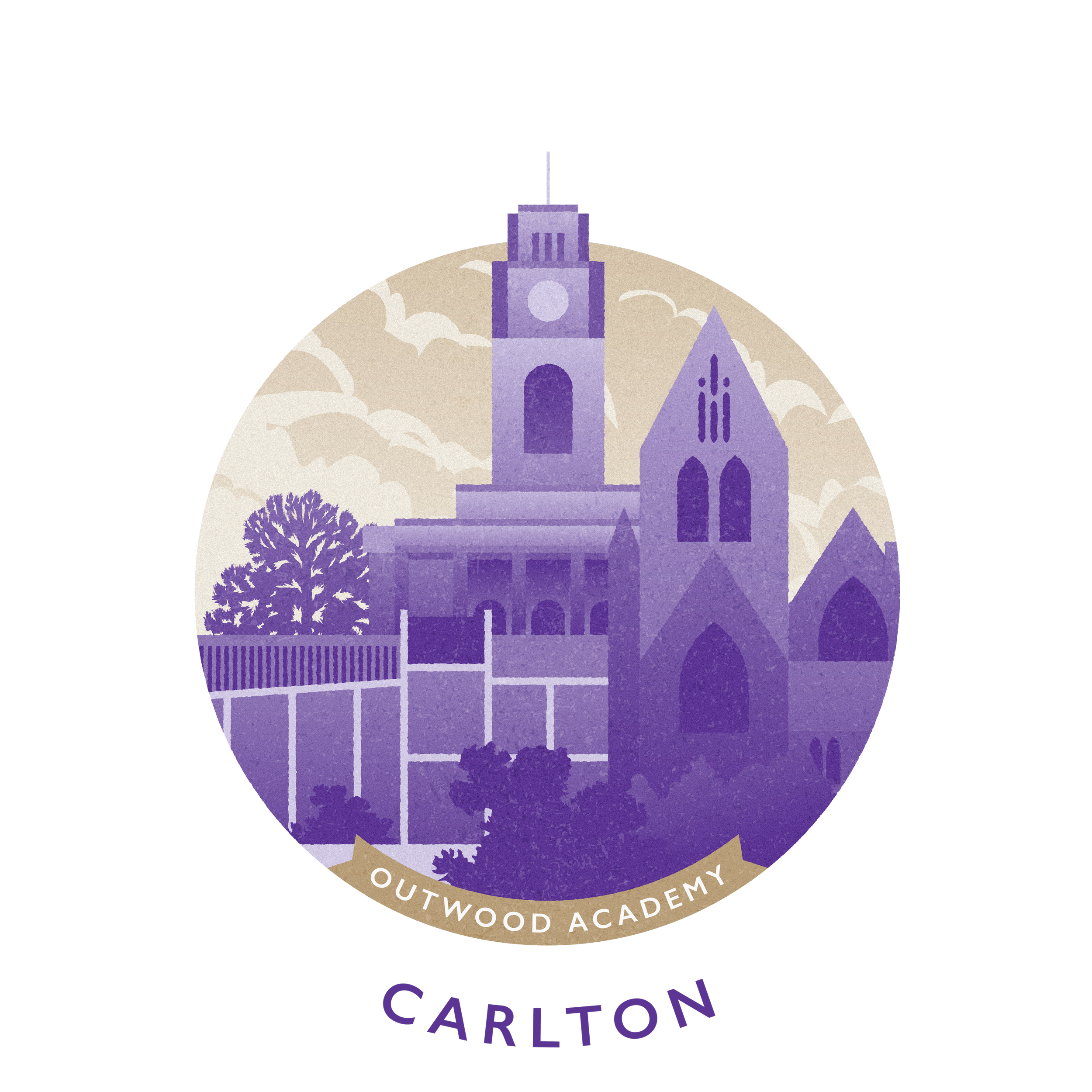 Illustration of a church building with a clock tower and pointed roof, surrounded by trees, with the text Outwood Academy Carlton at the bottom.