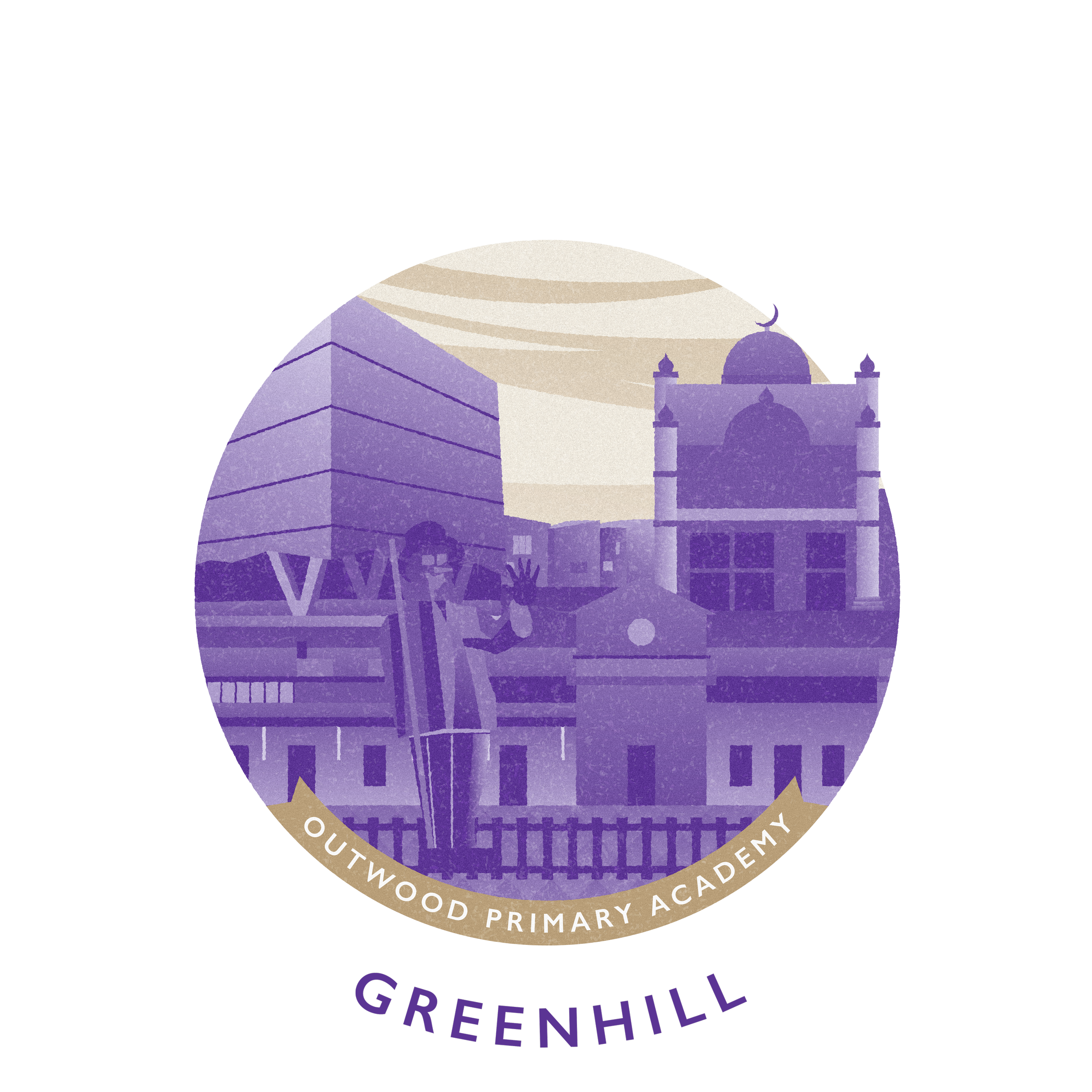 Circular badge for Outwood Primary Academy Greenhill featuring a stylized cityscape with buildings, a clock, and a mosque dome, with a purple and beige color scheme.