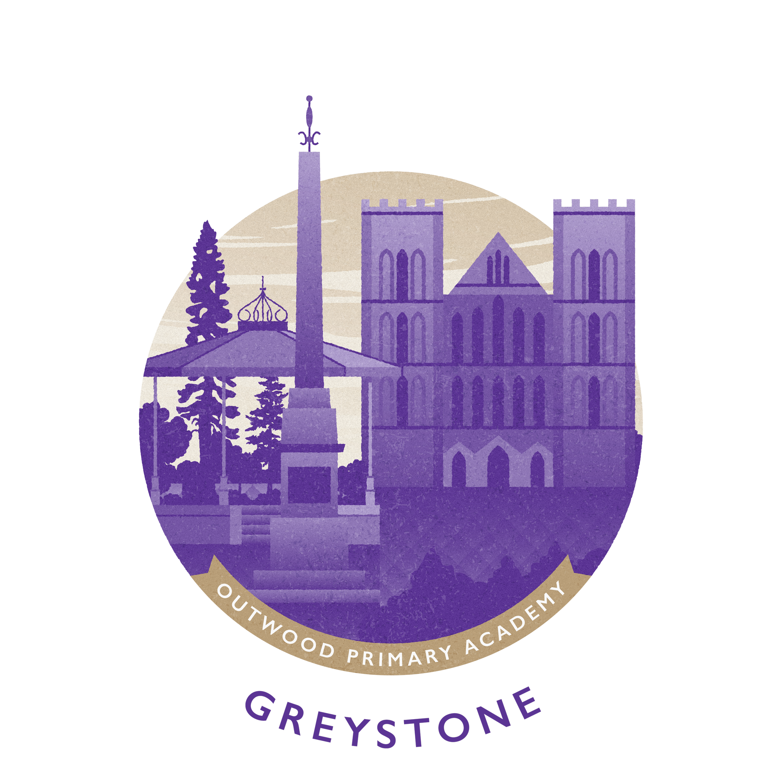 A circular logo for Outwood Primary Academy Greystone featuring an illustration of a church, monuments, and trees in shades of purple and beige.