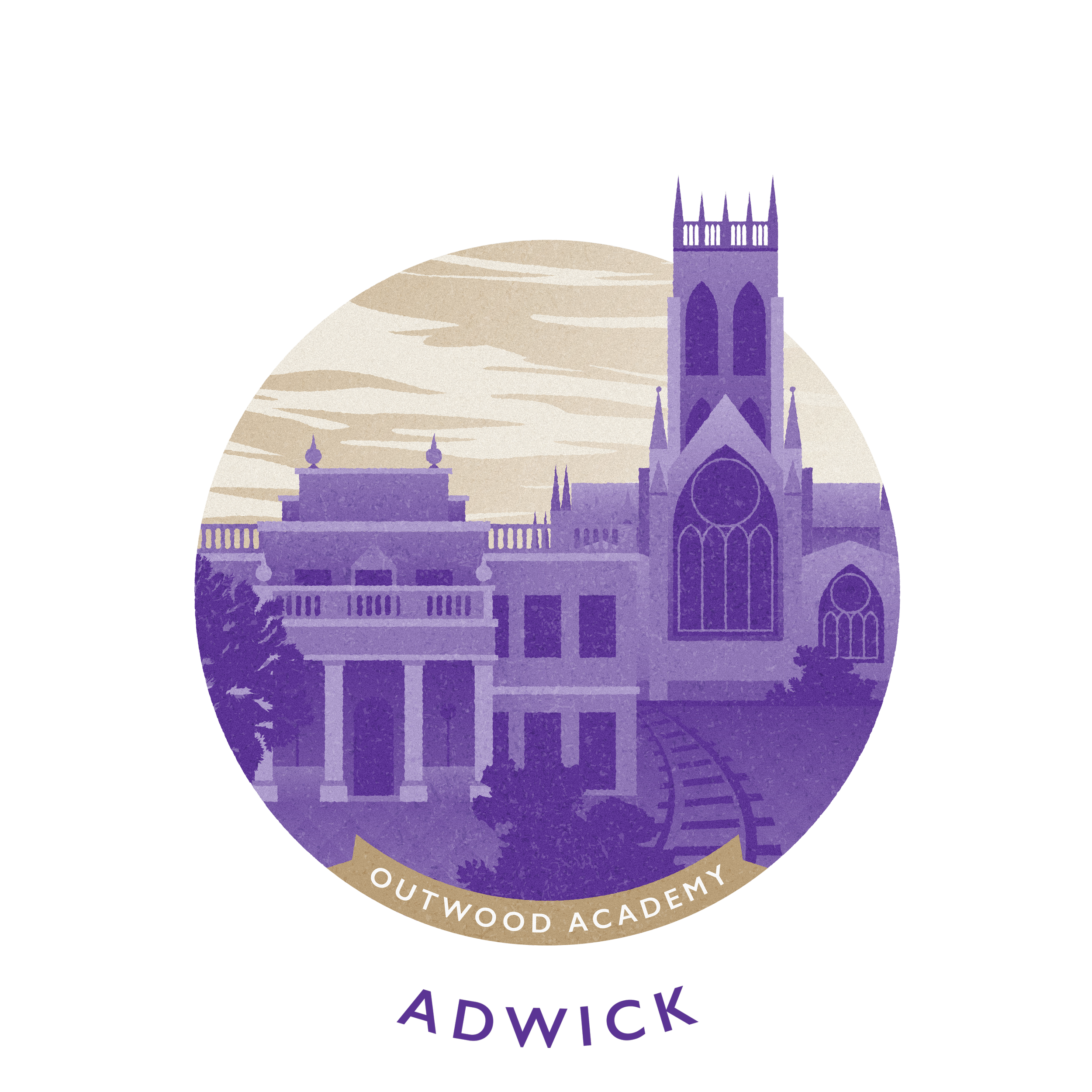 Logo featuring a stylized illustration of a church with a tall tower, set against a cloudy sky, with the text 'Outwood Academy Adwick' at the bottom.