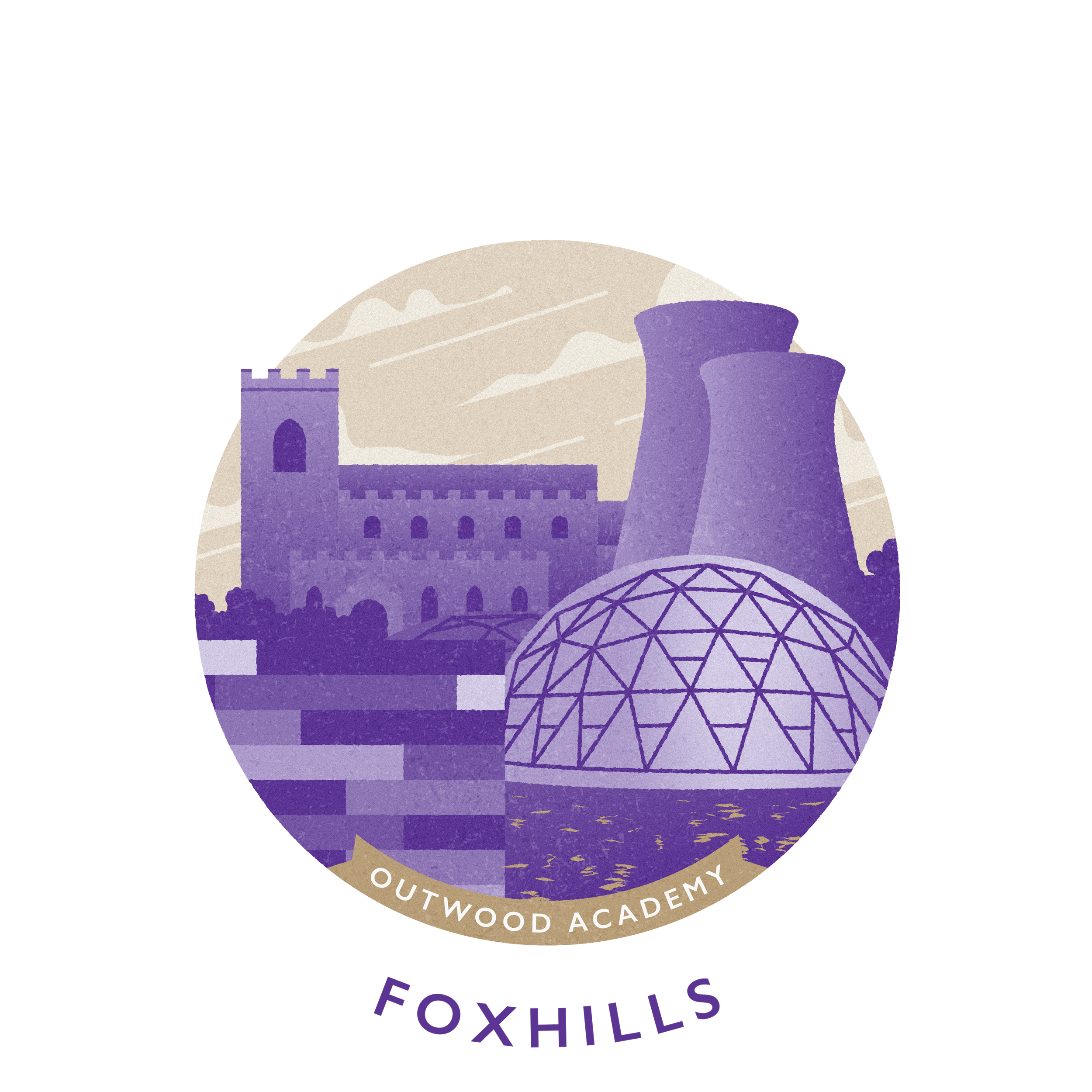 A circular logo featuring a castle, cooling towers, a geodesic dome, and stairs, with the words 'Outwood Academy' and 'Foxhills'.