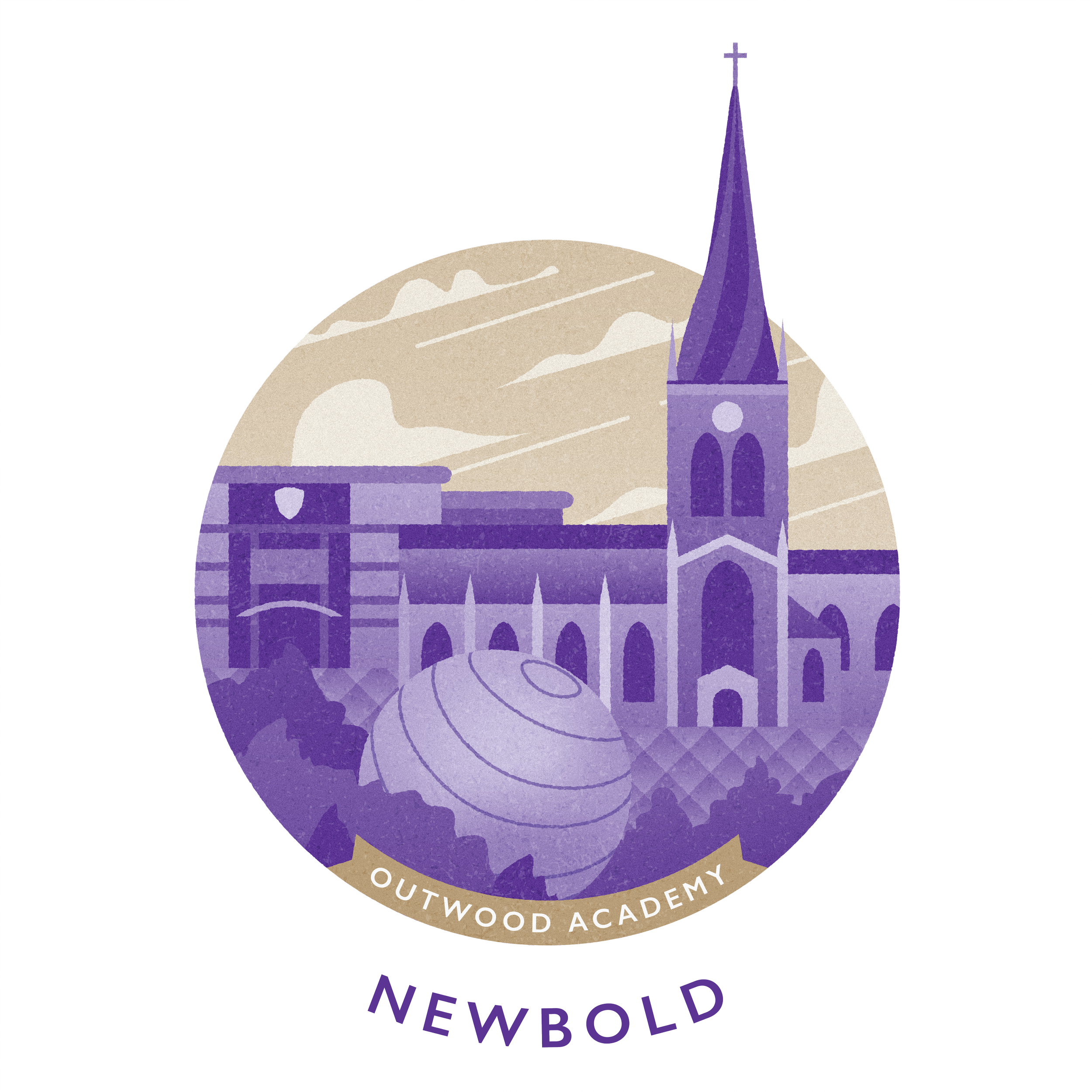 Illustration of a church with a tall steeple, a bridge, and a spherical sculpture in the foreground, with a cloudy sky in the background. The image is circular with the words "Outwood Academy" at the bottom and "Newbold" underneath.