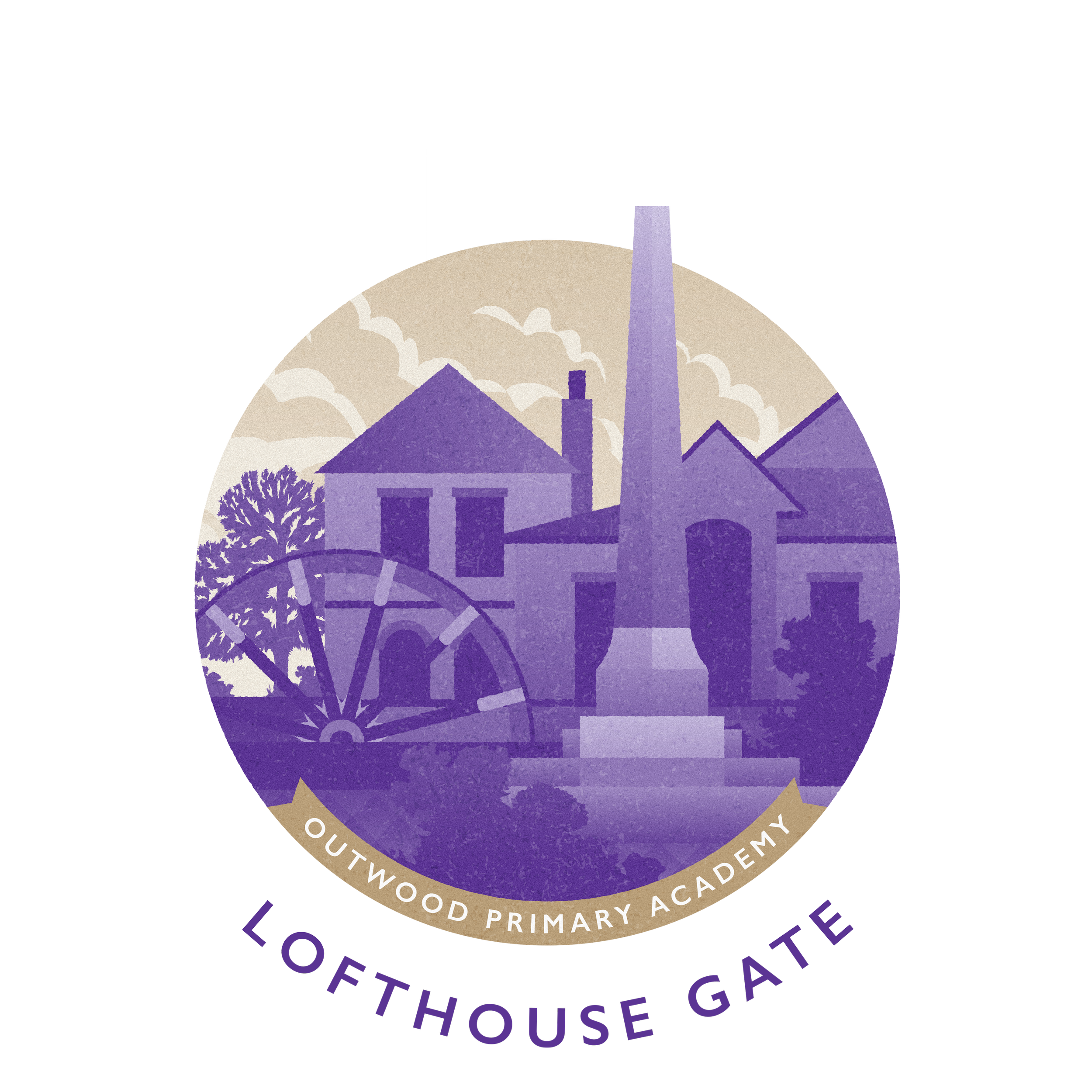 Logo of Outwood Primary Academy featuring a water wheel, house, and water fountain with purple and beige colors and the text 'Lofthouse Gate'.