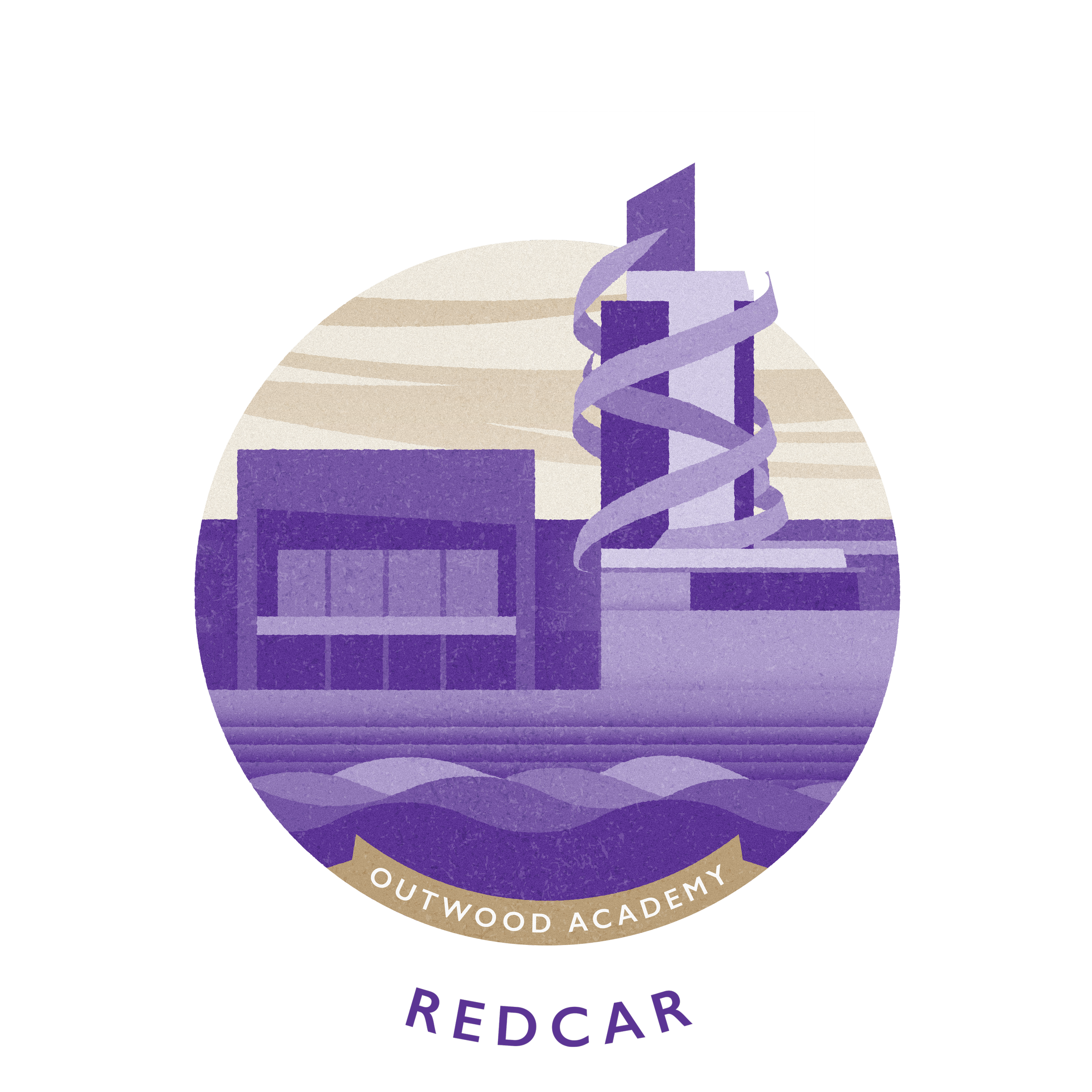 A circular badge with a stylized illustration of a modern building and an upward arrow wrapped with a ribbon. The badge has a purple palette with beige accents and the text "OUTWOOD ACADEMY" at the bottom. The word "REDCAR" appears below the badge, c